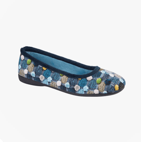 Sleepers SAMIRA Womens Polka Dot Velour Lined Ballet Slippers Blue/Multi