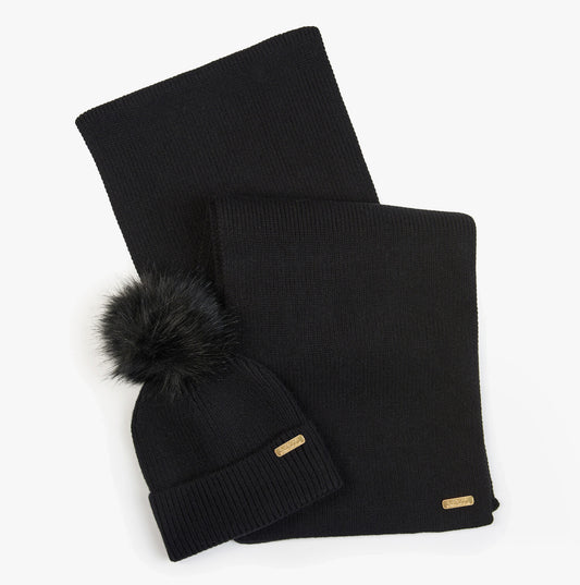 Barbour MALLORY BEANIE & SCARF Womens Gift Set Black