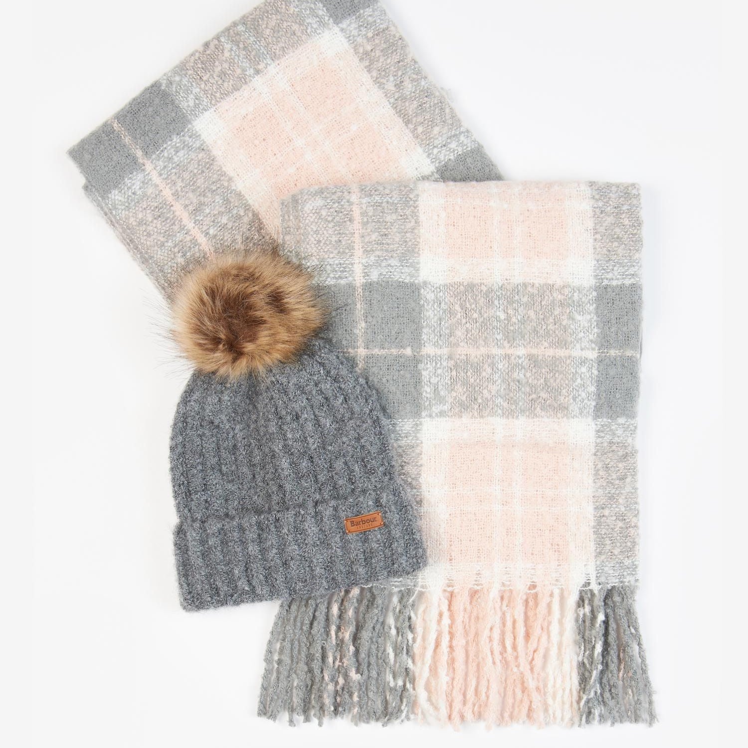 Barbour SALTBURN BEANIE & TARTAN SCARF Womens Gift Set Grey Rose