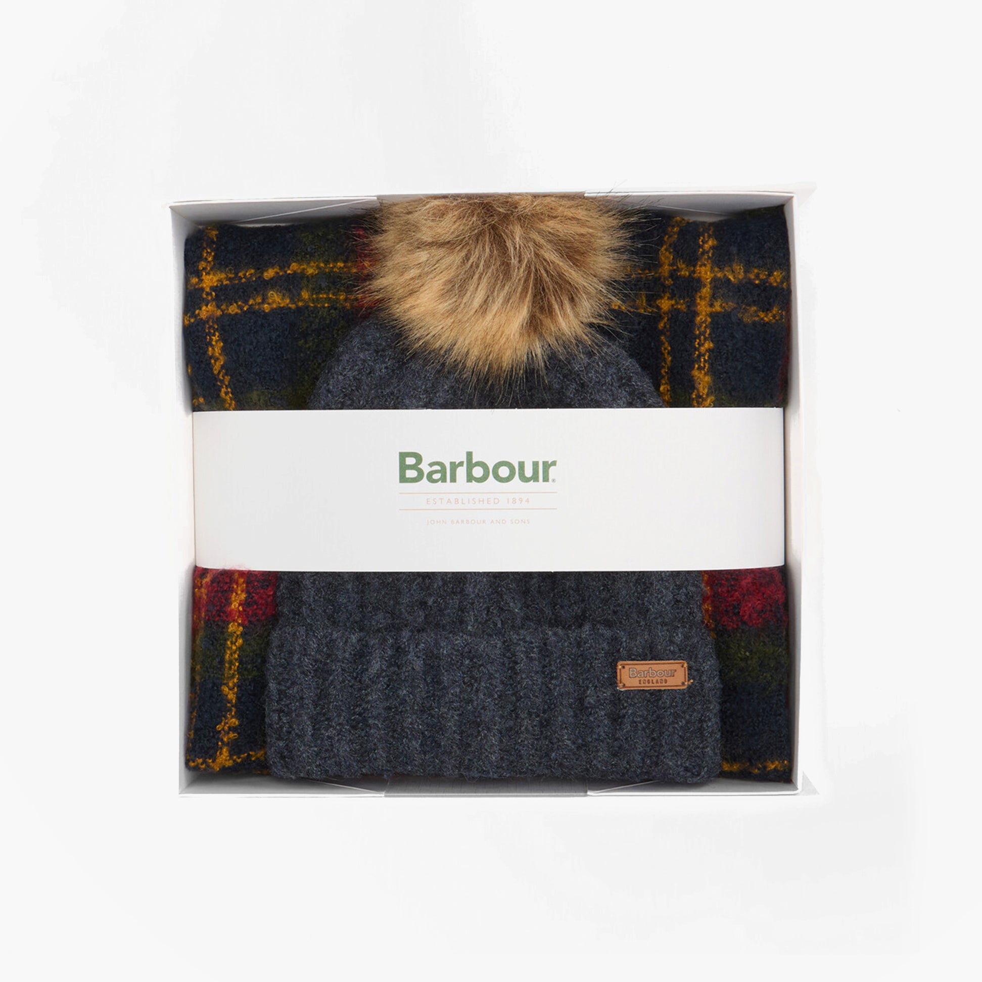 Barbour SALTBURN BEANIE & TARTAN SCARF Gift Set Womens Beanie Winterberry Tartan