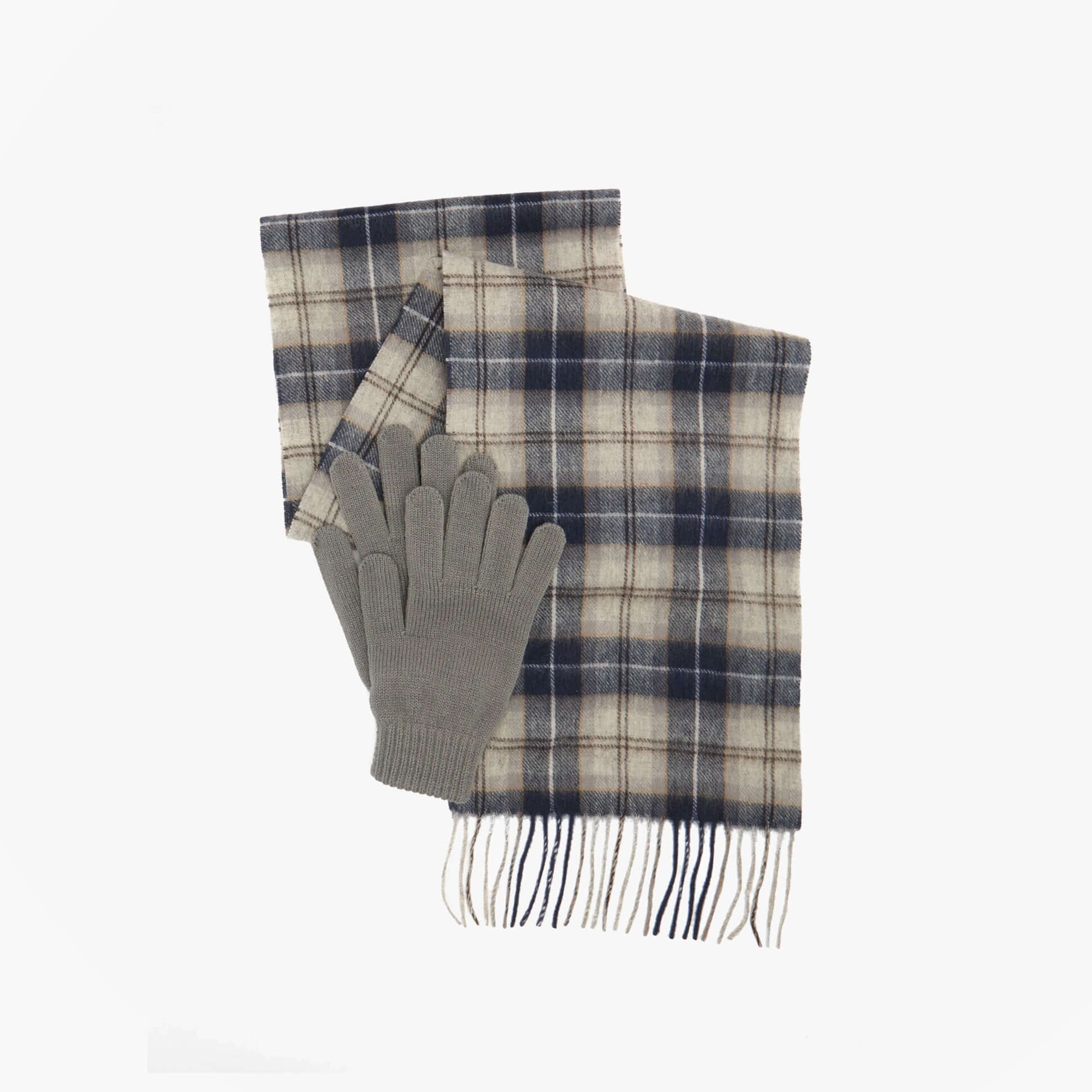 Barbour TARTAN SCARF AND GLOVE Mens Gift Set Grey Midnight