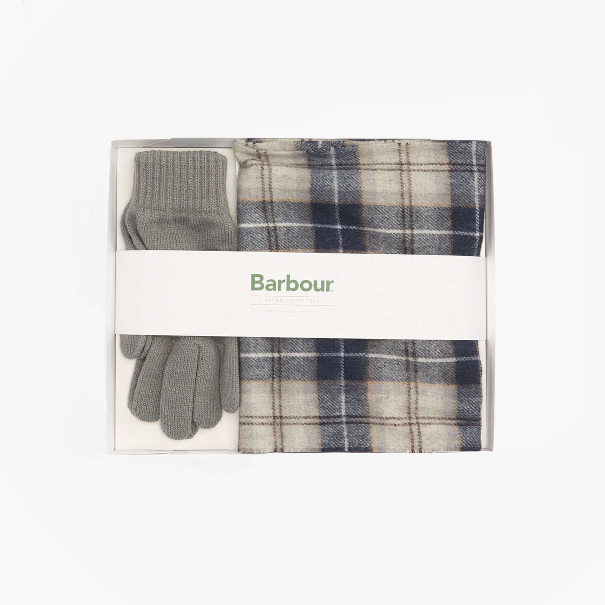 Barbour TARTAN SCARF AND GLOVE Mens Gift Set Grey Midnight