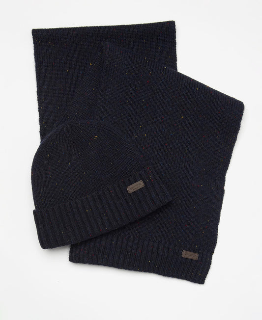 Barbour CARLTON FLECK BEANIE & SCARF Gift Set Mens Navy