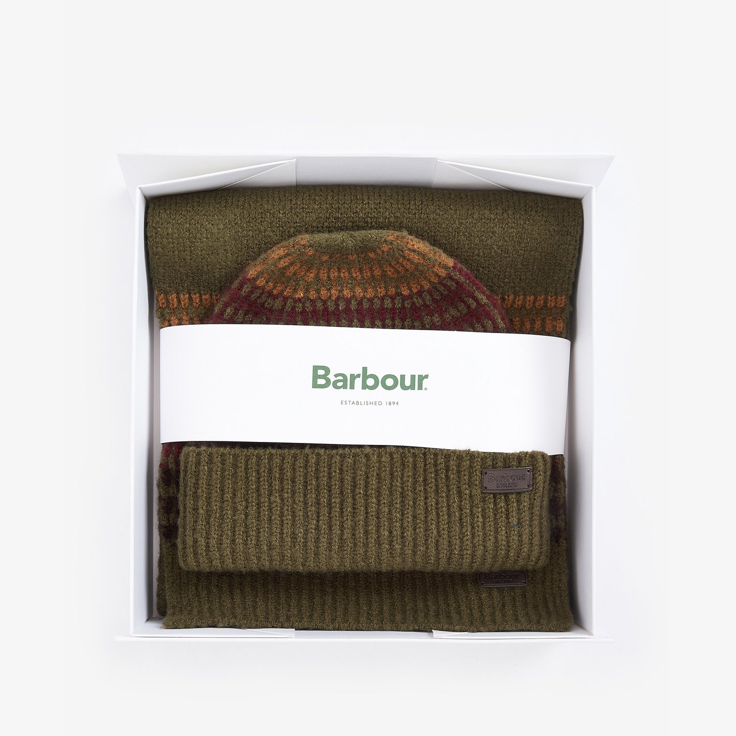 Barbour BRANTON BEANIE & SCARF Gift Set Mens Army Green