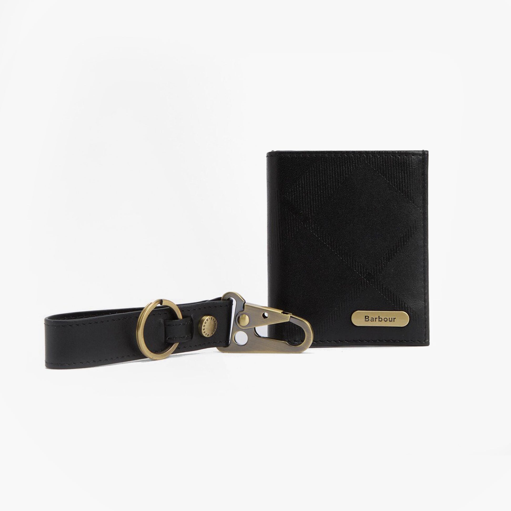 Barbour BRUNTON LEATHER Cardholder Gift Set Mens Black Tartan Emboss