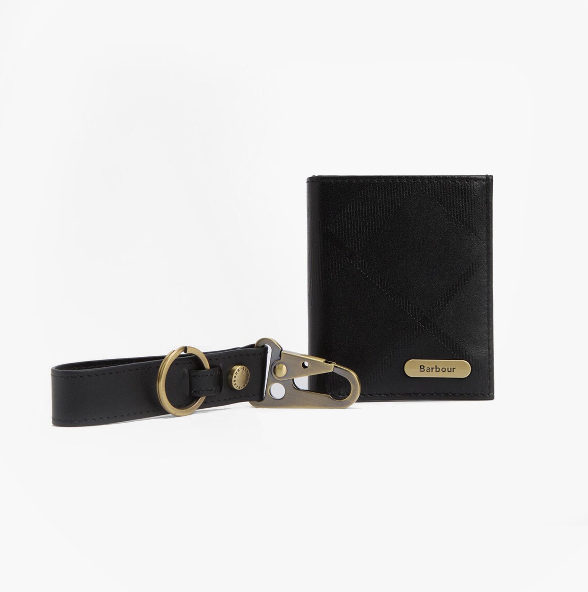 Barbour BRUNTON LEATHER Cardholder Gift Set Mens Black Tartan Emboss