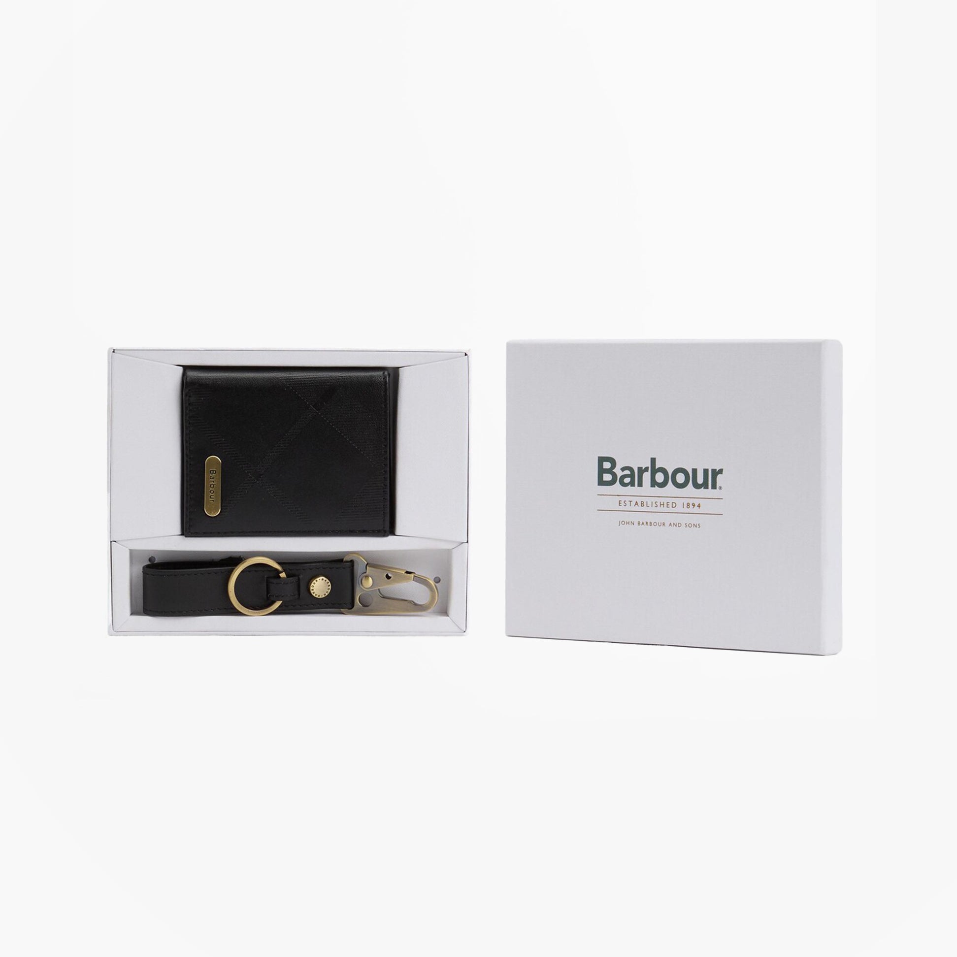 Barbour BRUNTON LEATHER Cardholder Gift Set Mens Black Tartan Emboss