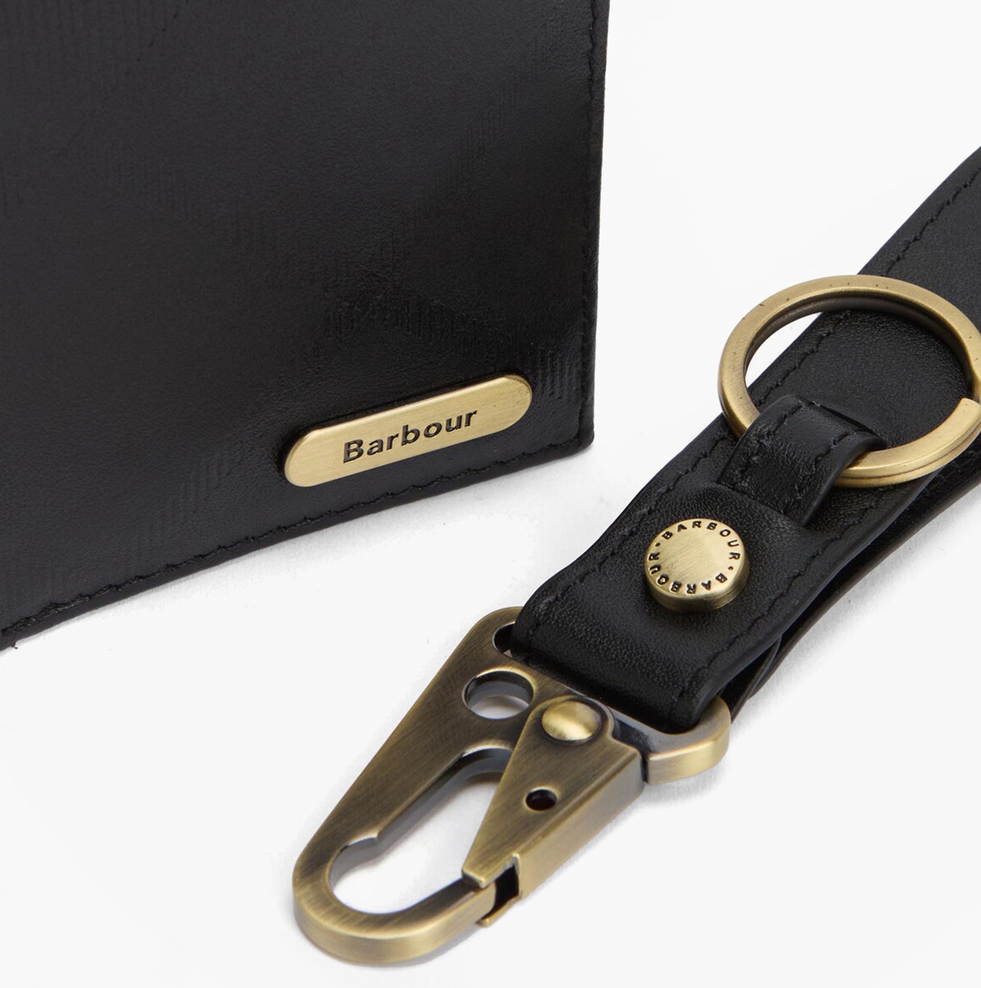 Barbour BRUNTON LEATHER Cardholder Gift Set Mens Black Tartan Emboss