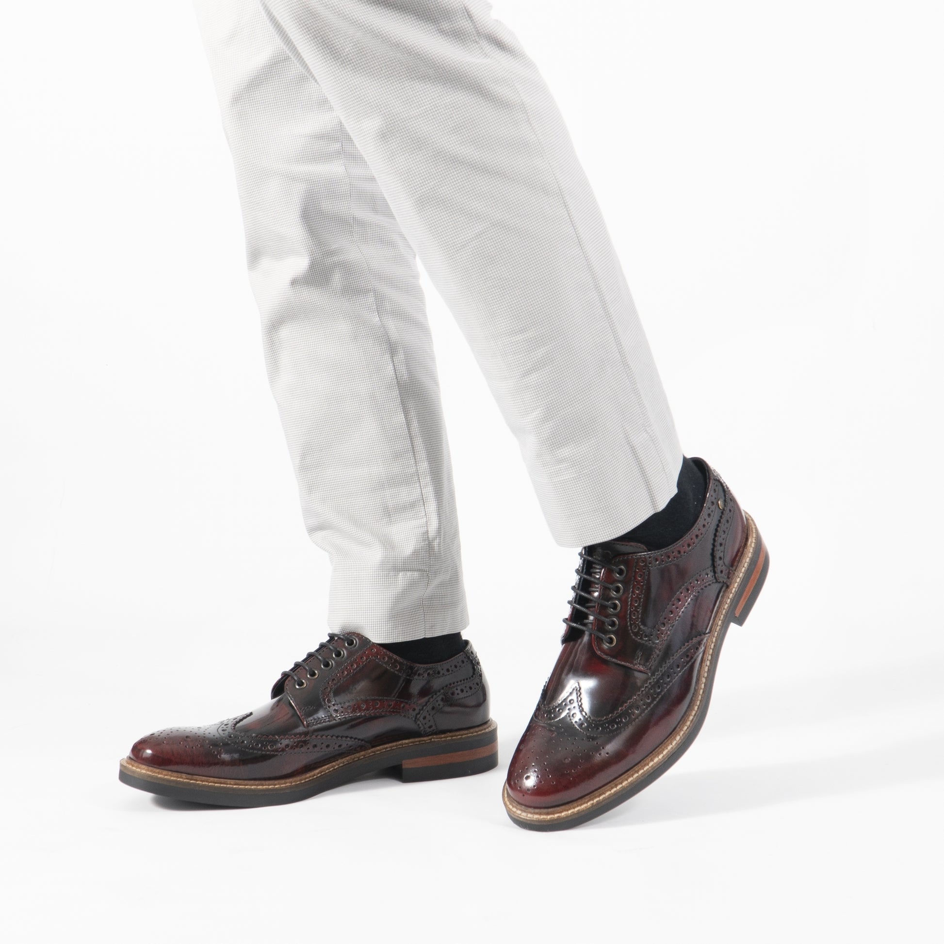 Base London WOBURN Mens Polished Leather Brogue Shoes Oxblood