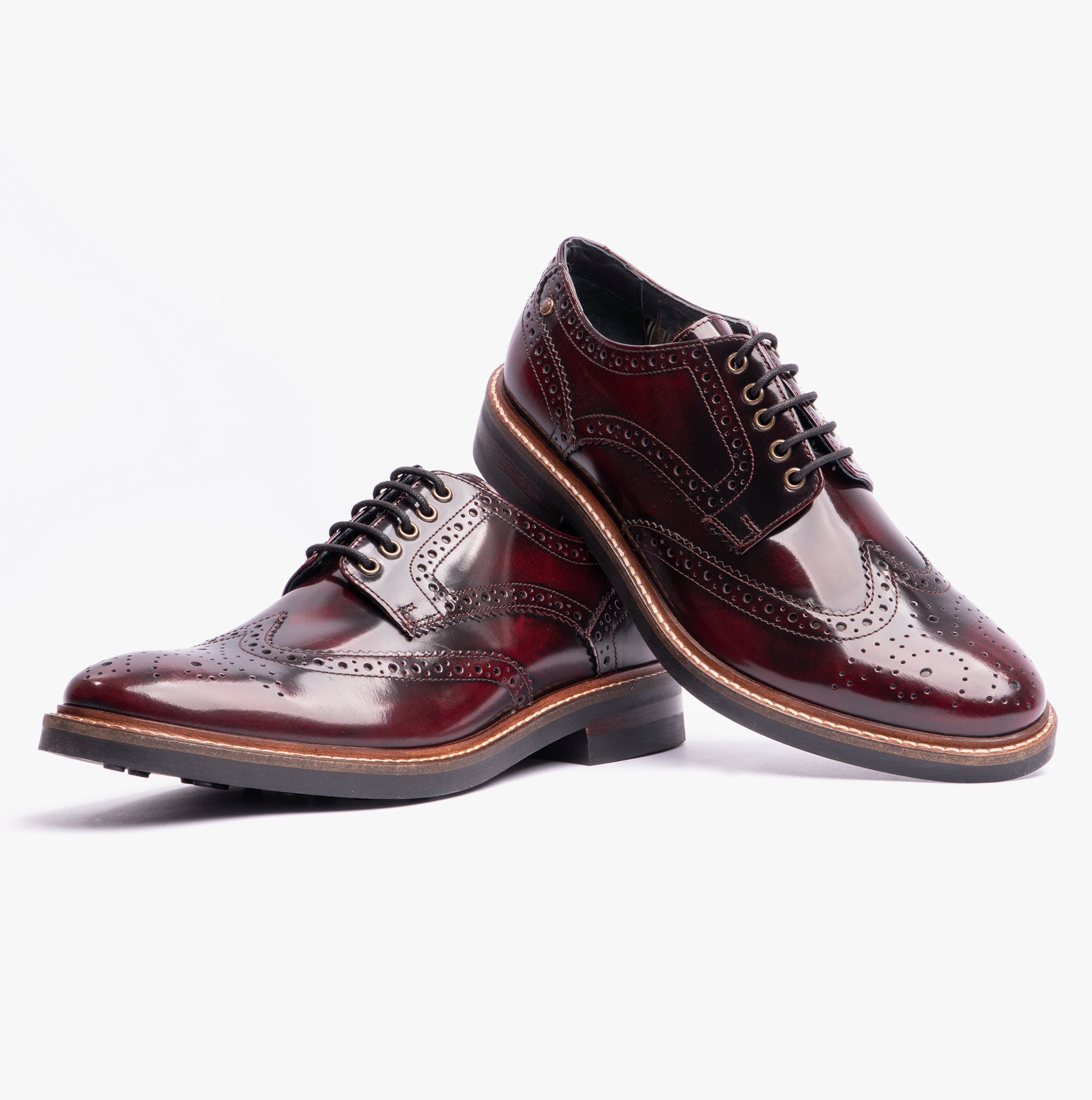 Base London WOBURN Mens Polished Leather Brogue Shoes Oxblood