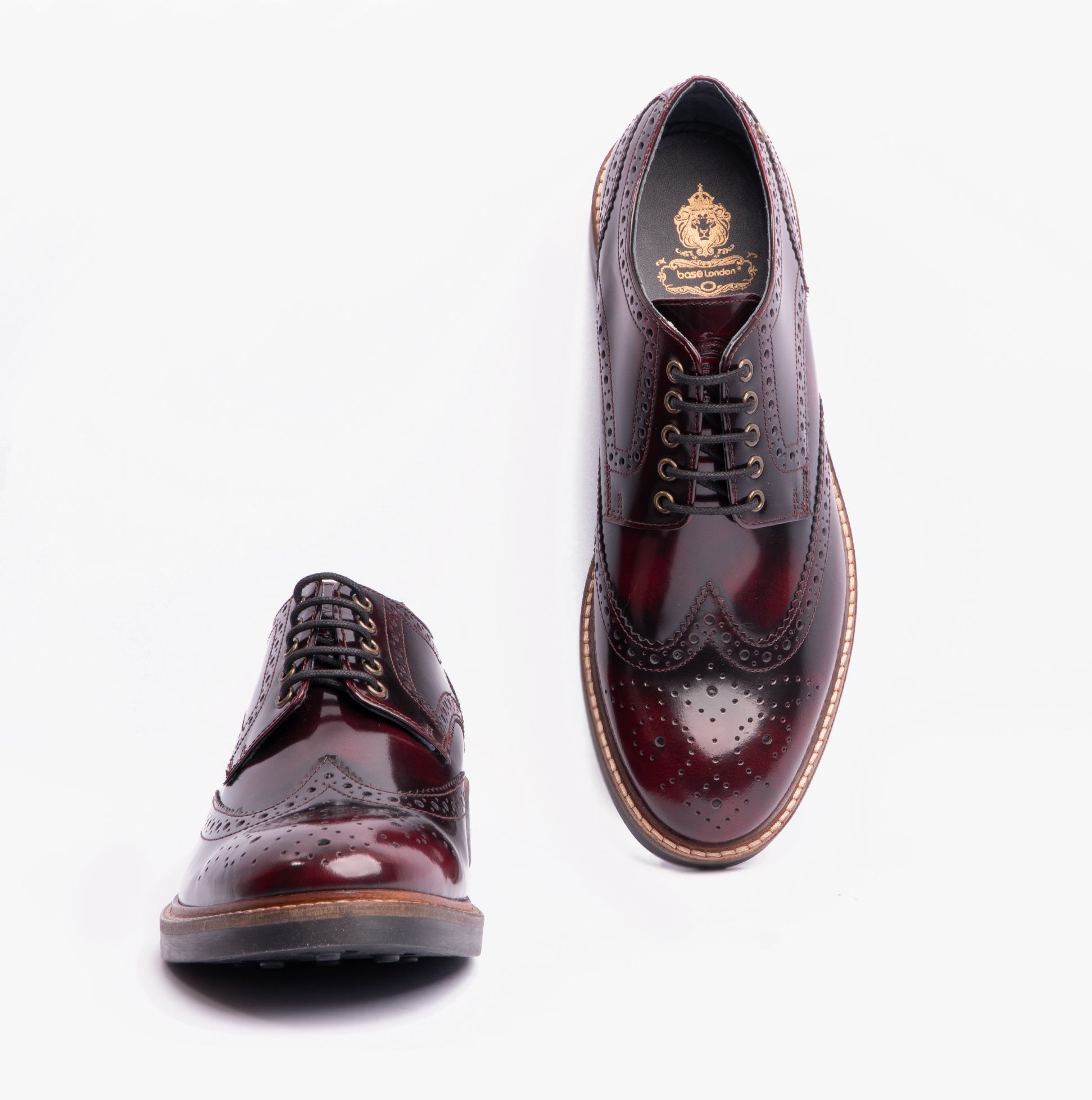 Base London WOBURN Mens Polished Leather Brogue Shoes Oxblood