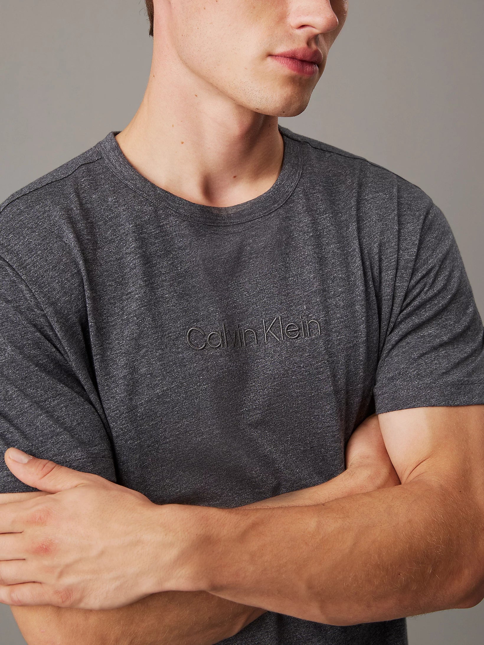 Calvin Klein LOGO COTTON Mens Crew Neck T Shirt Dark Grey Heather