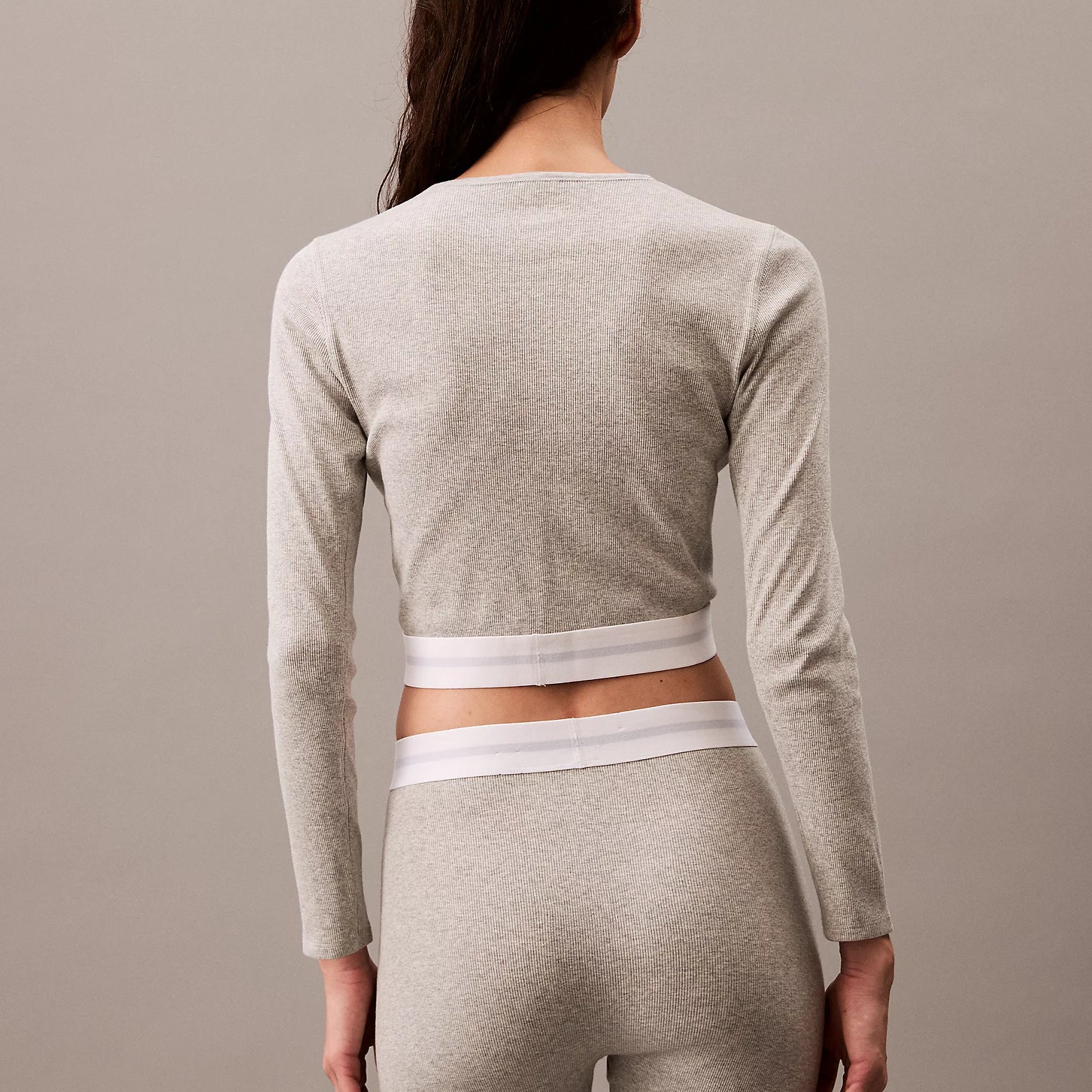 Calvin Klein MODERN RIB Womens Long-Sleeve Crop Top Crew Grey Heather