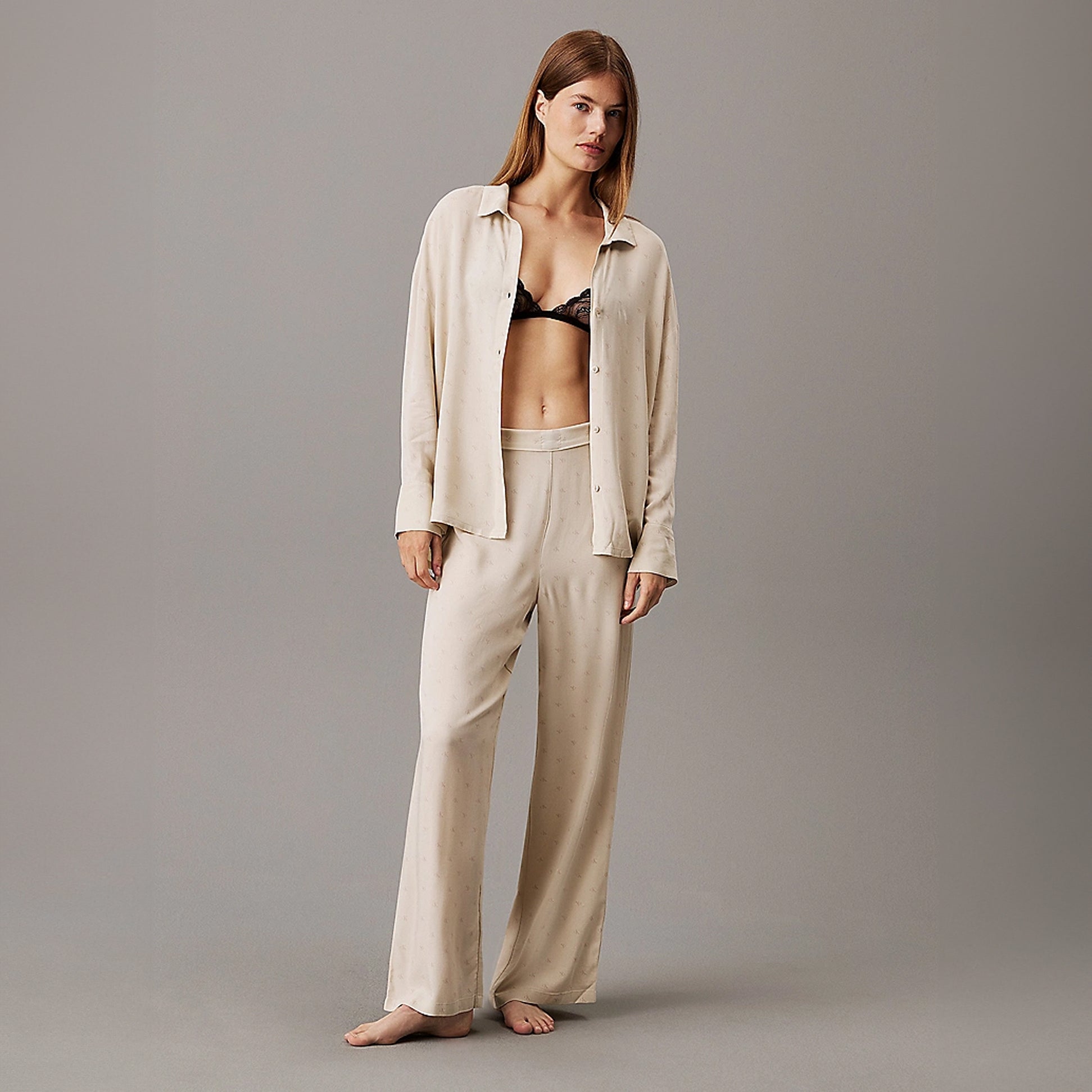 Calvin Klein WOVEN VISCOSE Womens Button Down Pants Set Diamond Logo/Cocoon