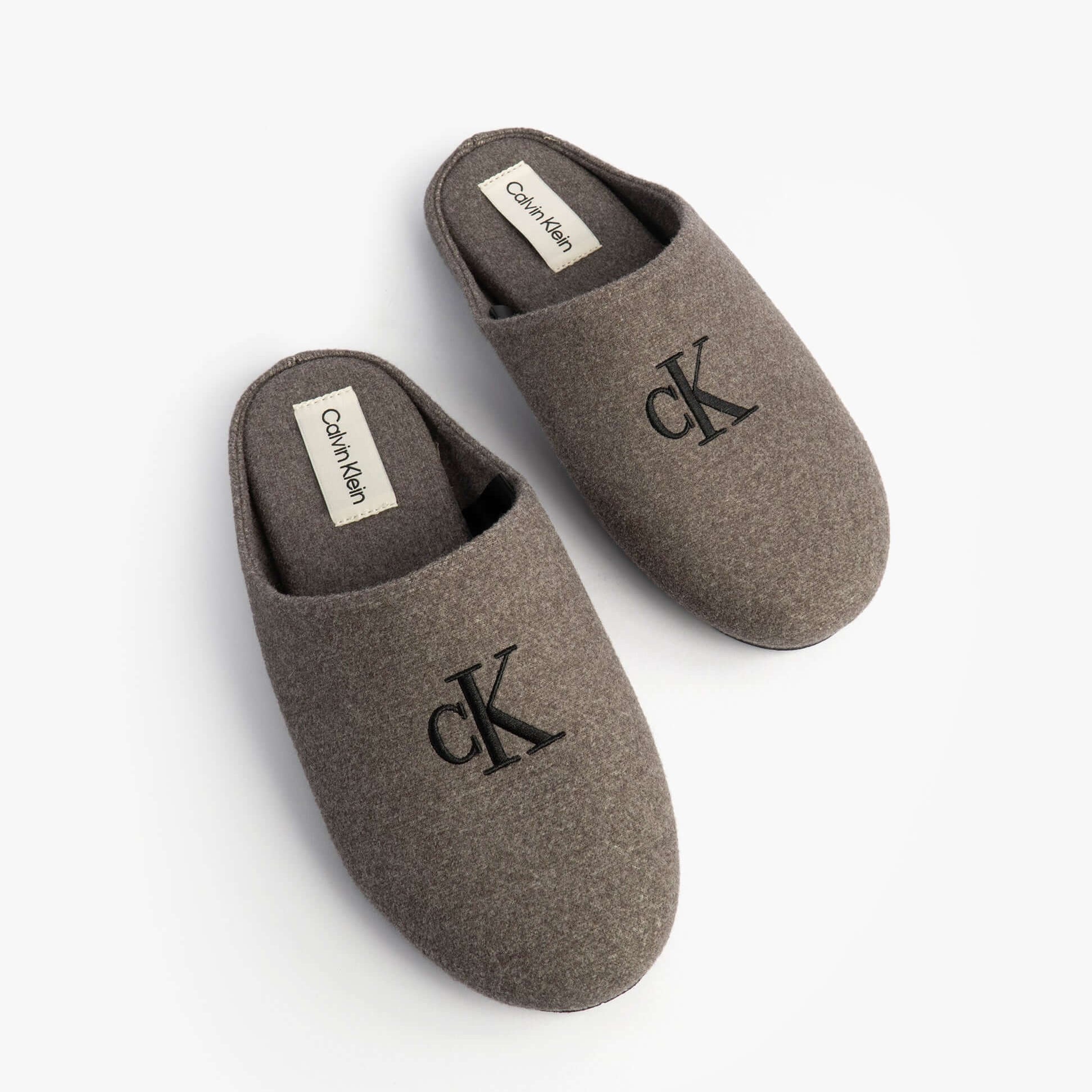 Calvin Klein Mens HOME Felt Signature Logo Mule Slippers Grey