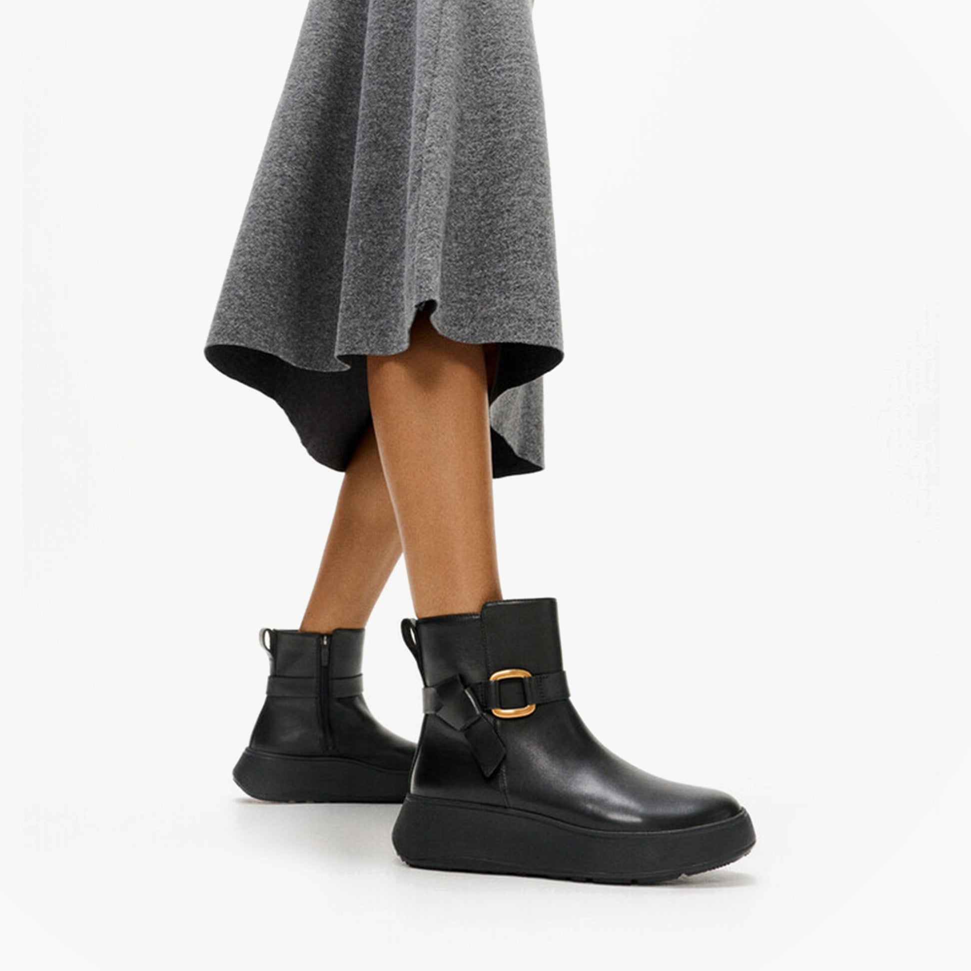 FitFlop F-MODE SQUARE-RING LEATHER FLATFORM Ladies Ankle Boots Black