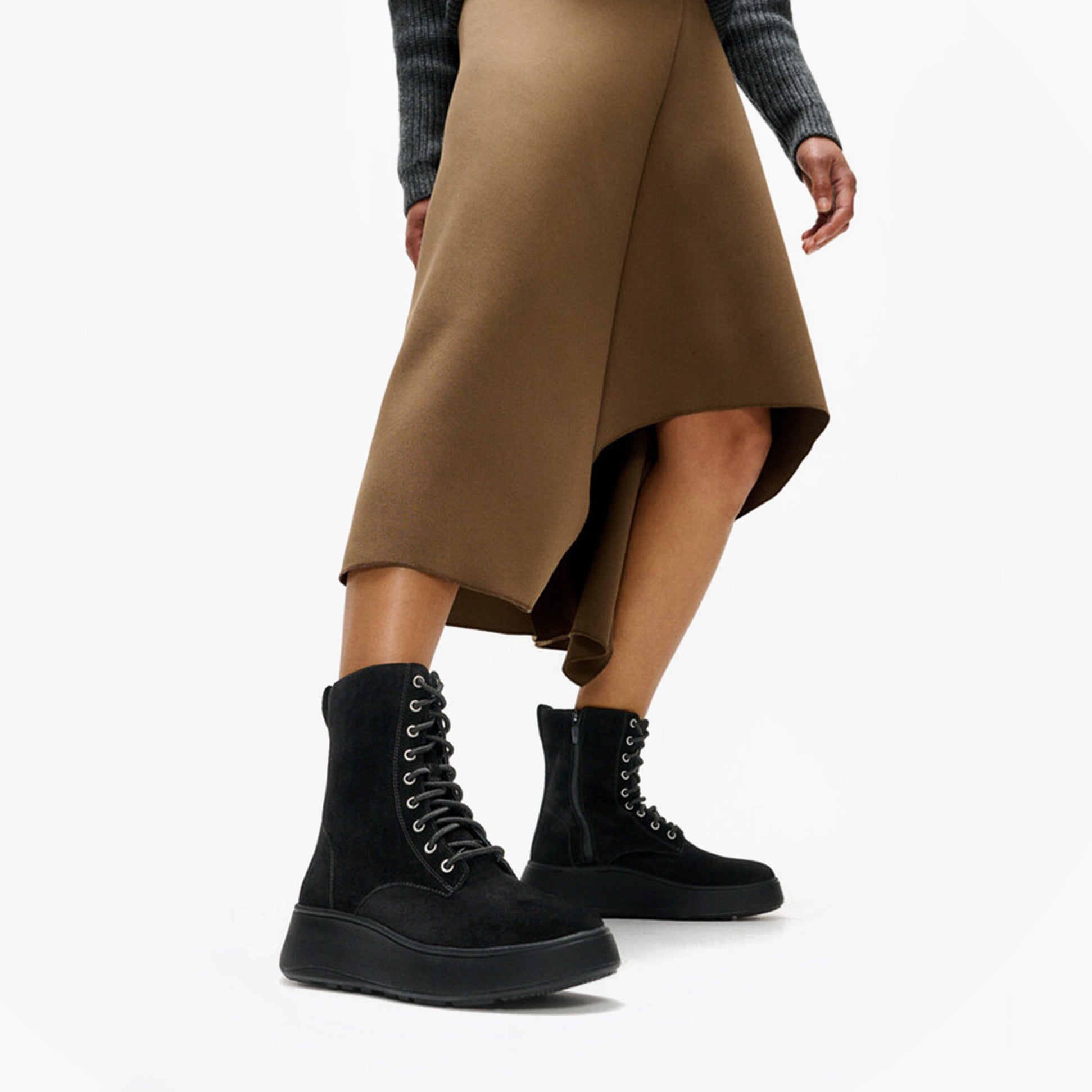 FitFlop F-MODE SUEDE LACE-UP FLATFORM Ladies Ankle Boots All Black