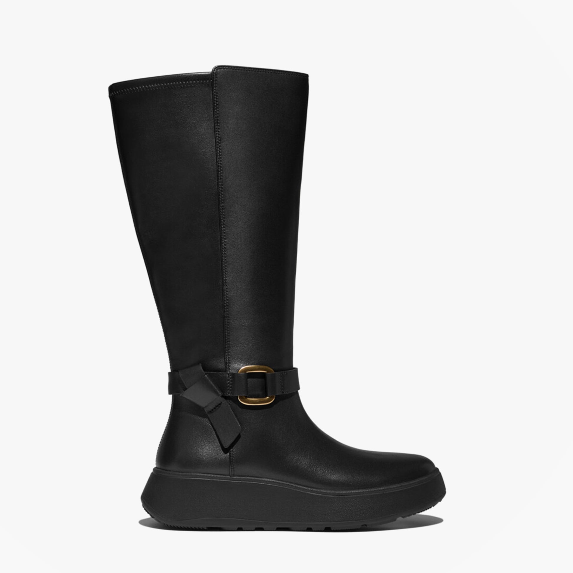FitFlop F-MODE SQUARE-RING LEATHER FLATFORM Ladies Tall Boots Blac