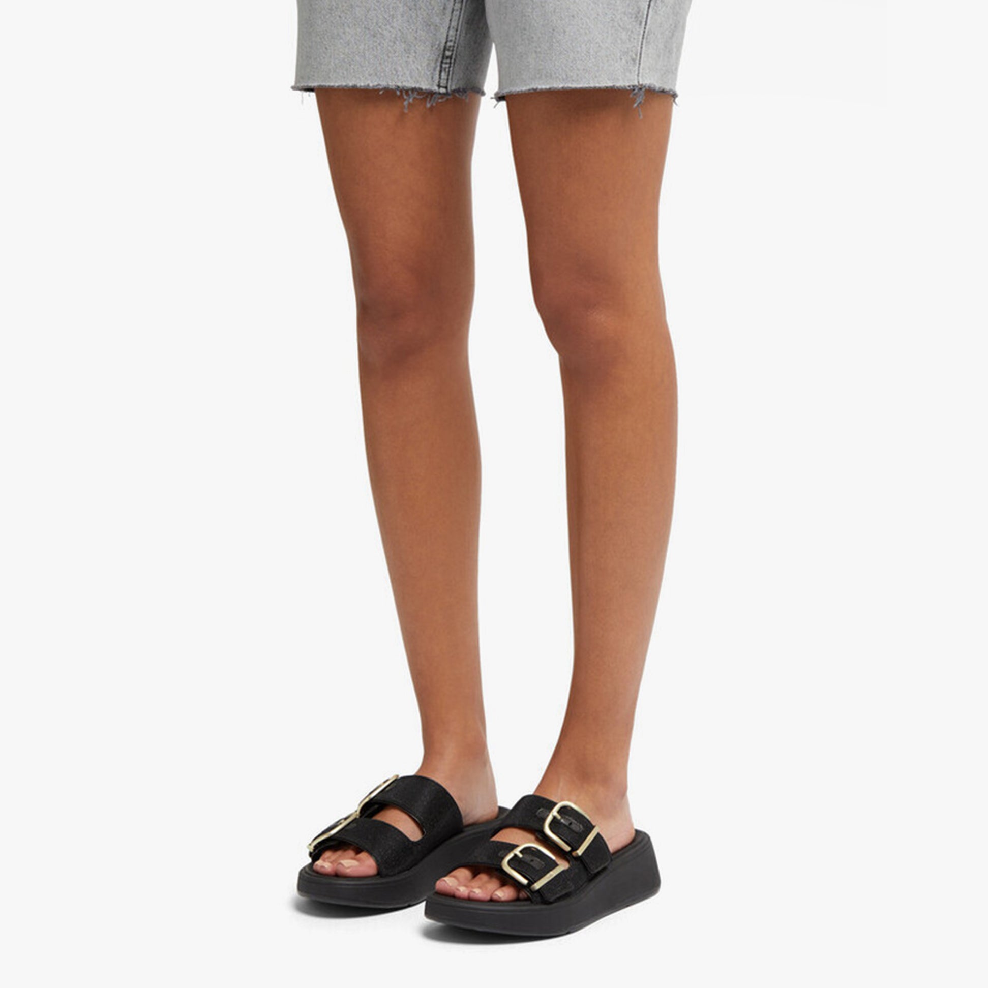 FitFlop F-MODE BUCKLE SHIMMERLUX FLATFORM TWO-BAR Womens Slides Black