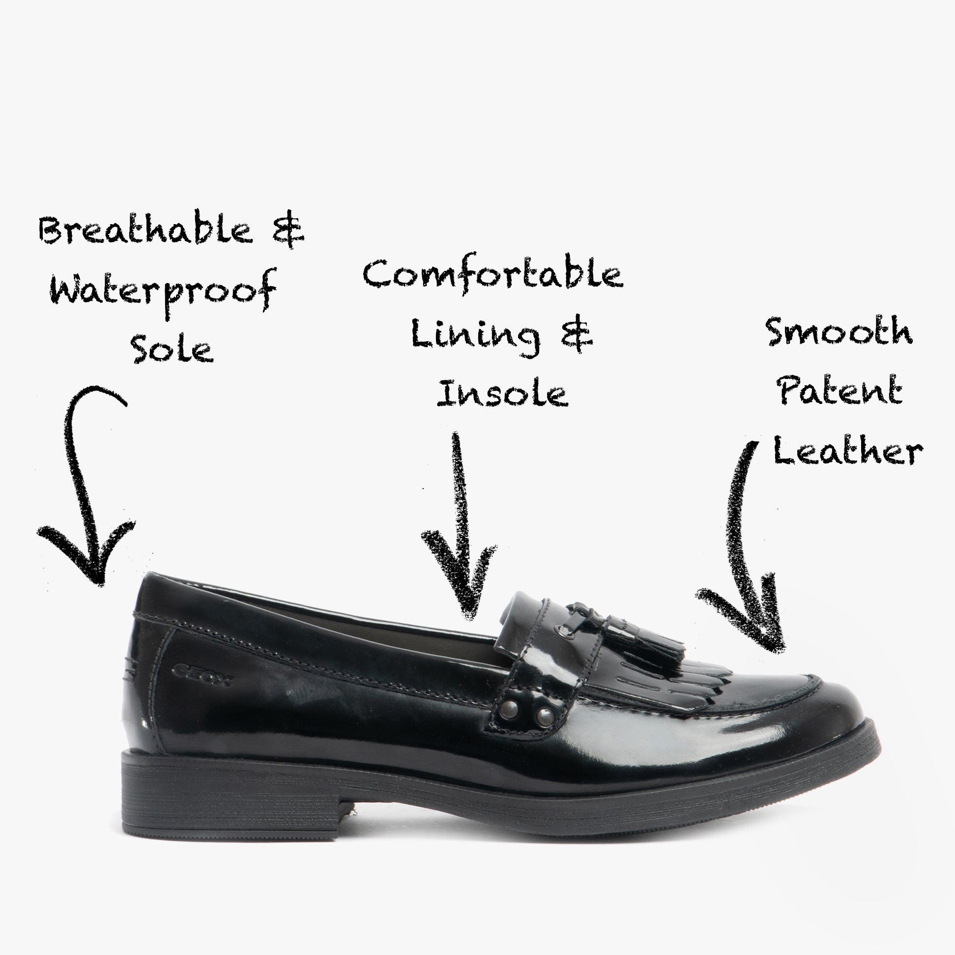 GEOX JR AGATA Girls Moccasin Tassel School Shoes Patent Black