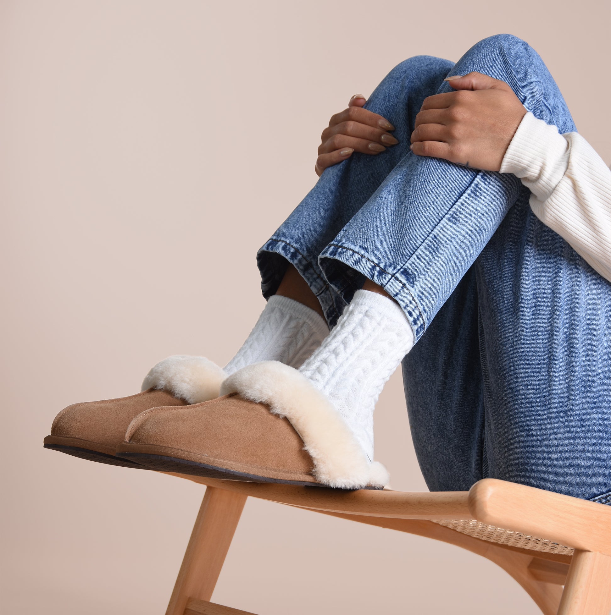 HOS Sheepskin AYLA Womens Real Sheepskin Mule Slippers Chestnut