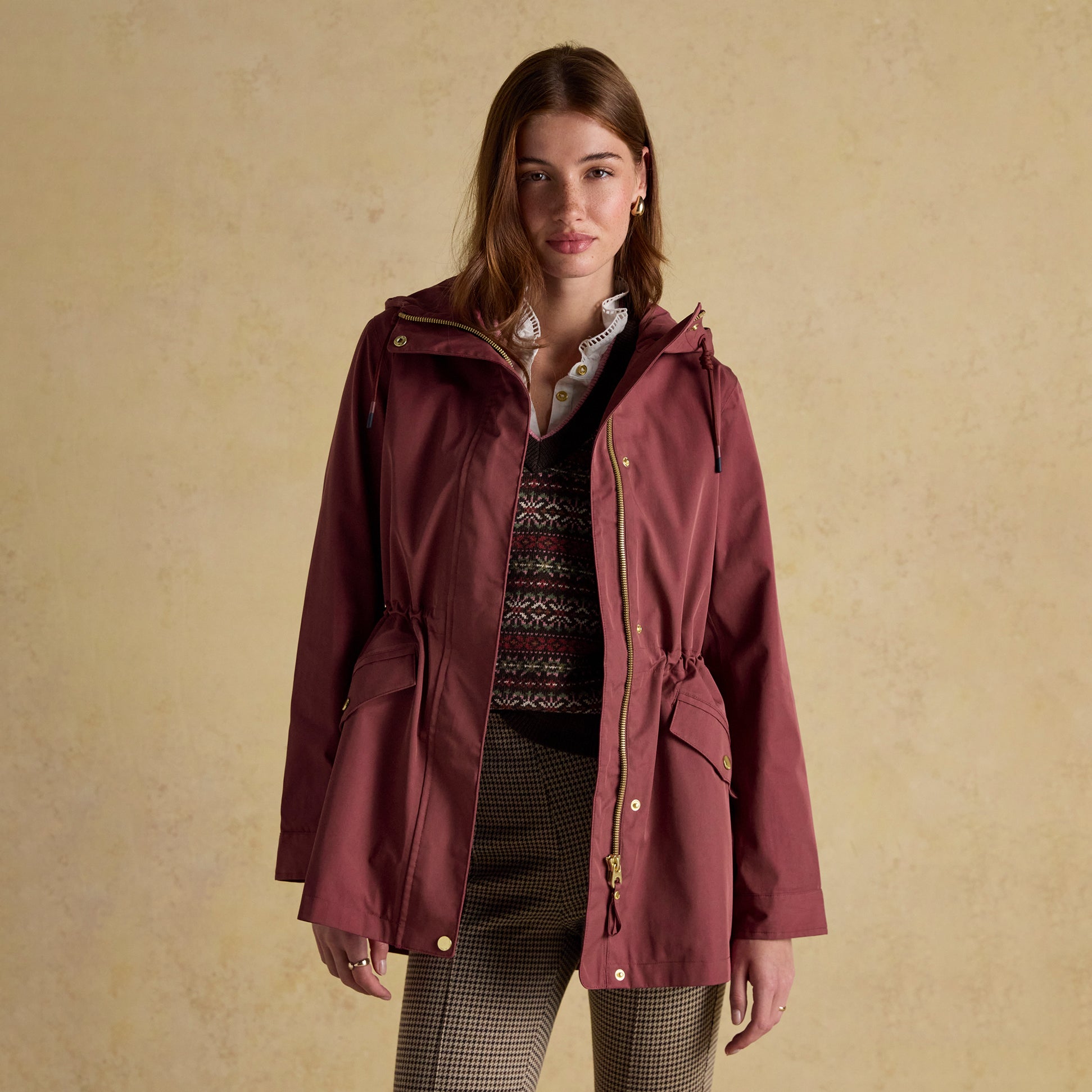 Joules PORTWELL Waterproof Hoodie Raincoat With Adjustable Waist Oxblood