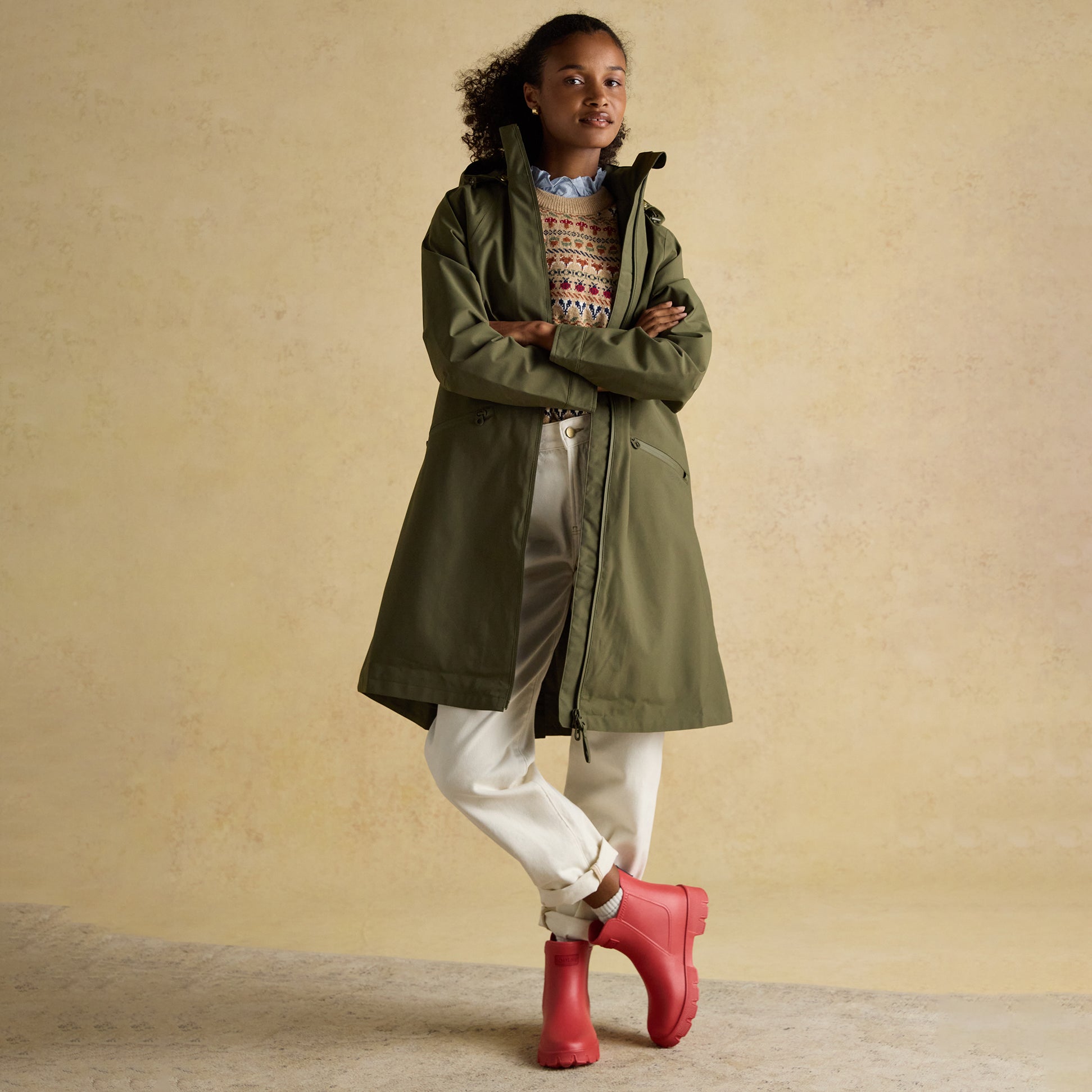 Joules RAINAWAY Womens Lightweight Waterproof Longline Raincoat with Hood Green