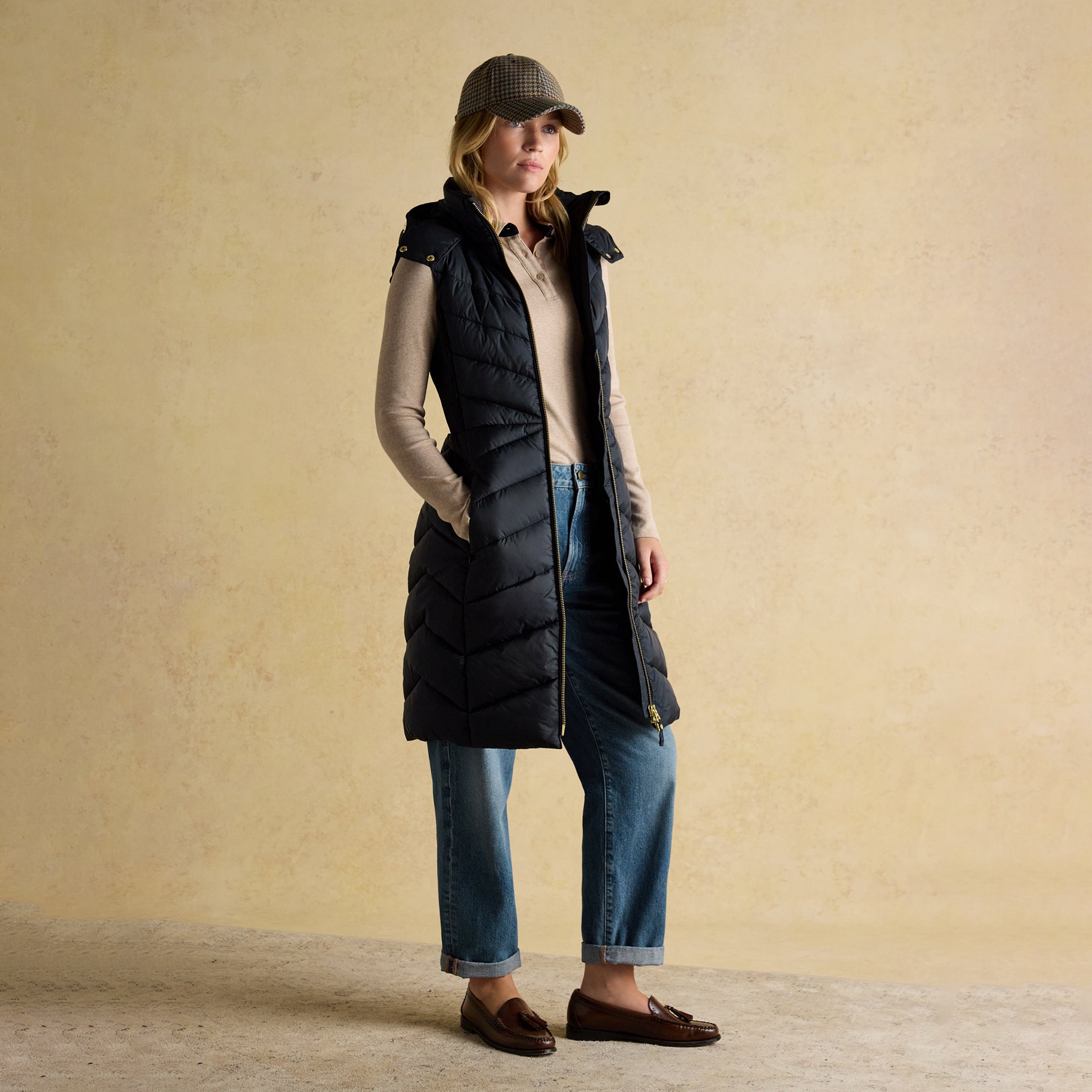 Joules PEMBURY Longline Showerproof Padded Gilet with Hood Navy