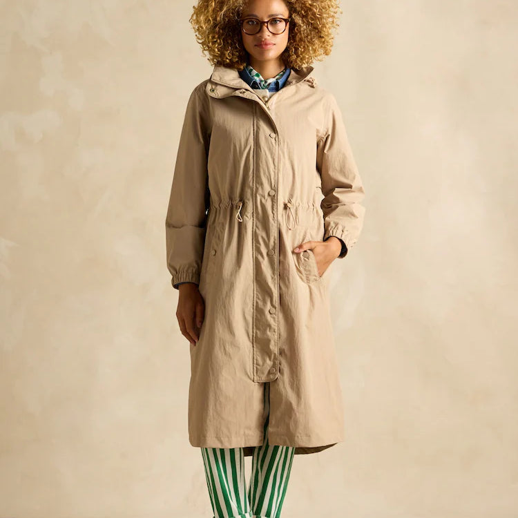Joules Hensley Womens Waterproof Longline Coat with Packable Hood Tan Brown