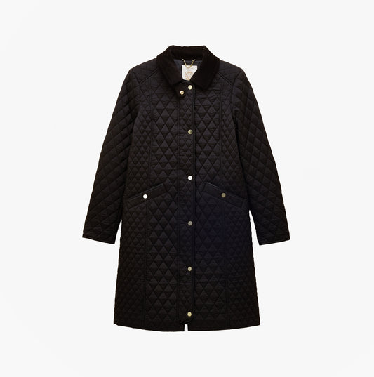 Joules ROSEWELL Longline Quilted Showerproof Coat with Collar Black