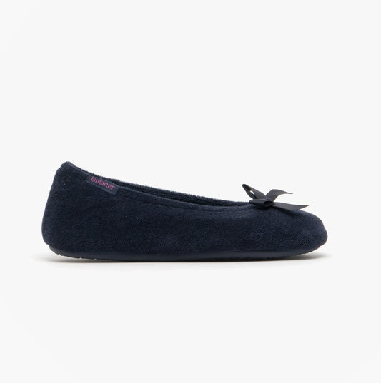Totes Isotoner STRETCH TERRY BOW Womens Ballet Slippers Navy