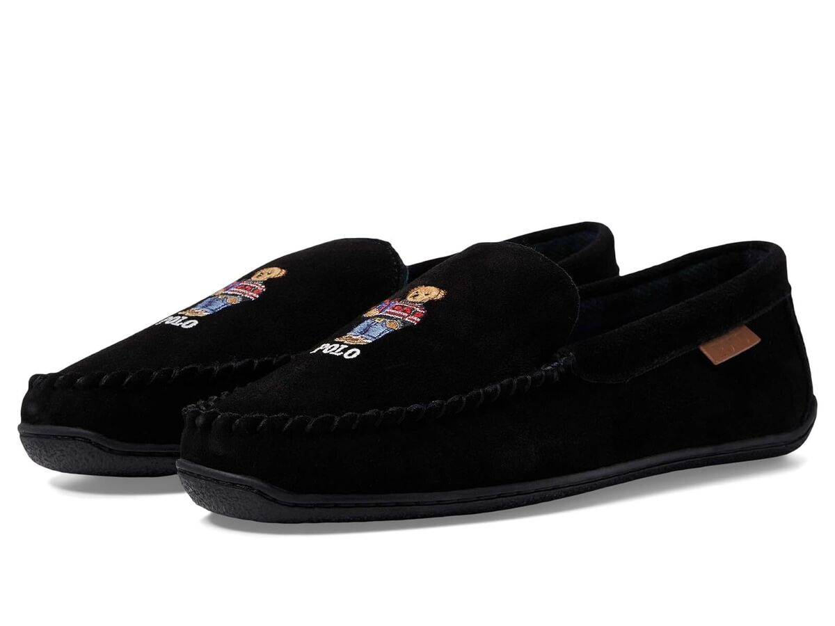Polo Ralph Lauren BRENAN BEAR Mens Moccasin Slippers Black Suede