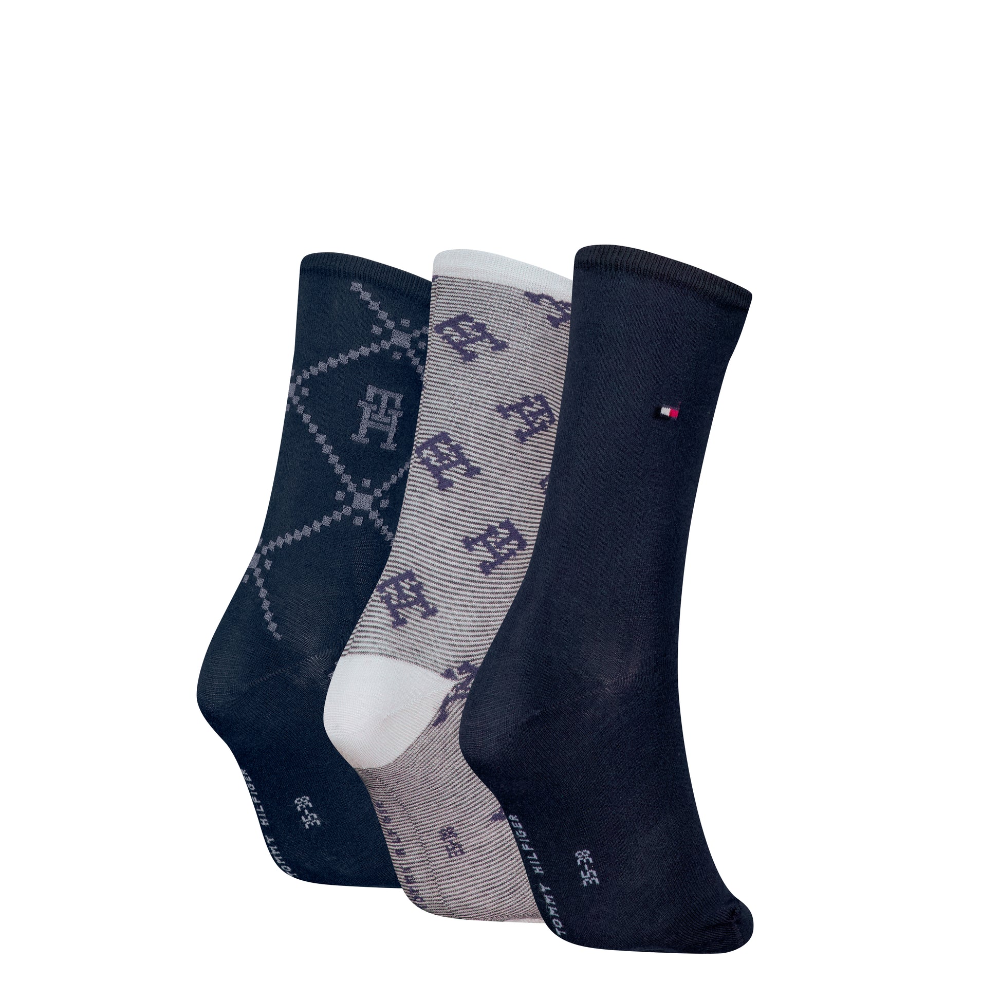 Tommy Hilfiger 3 Pack Giftboxed Monogram Womens Crew Socks Navy