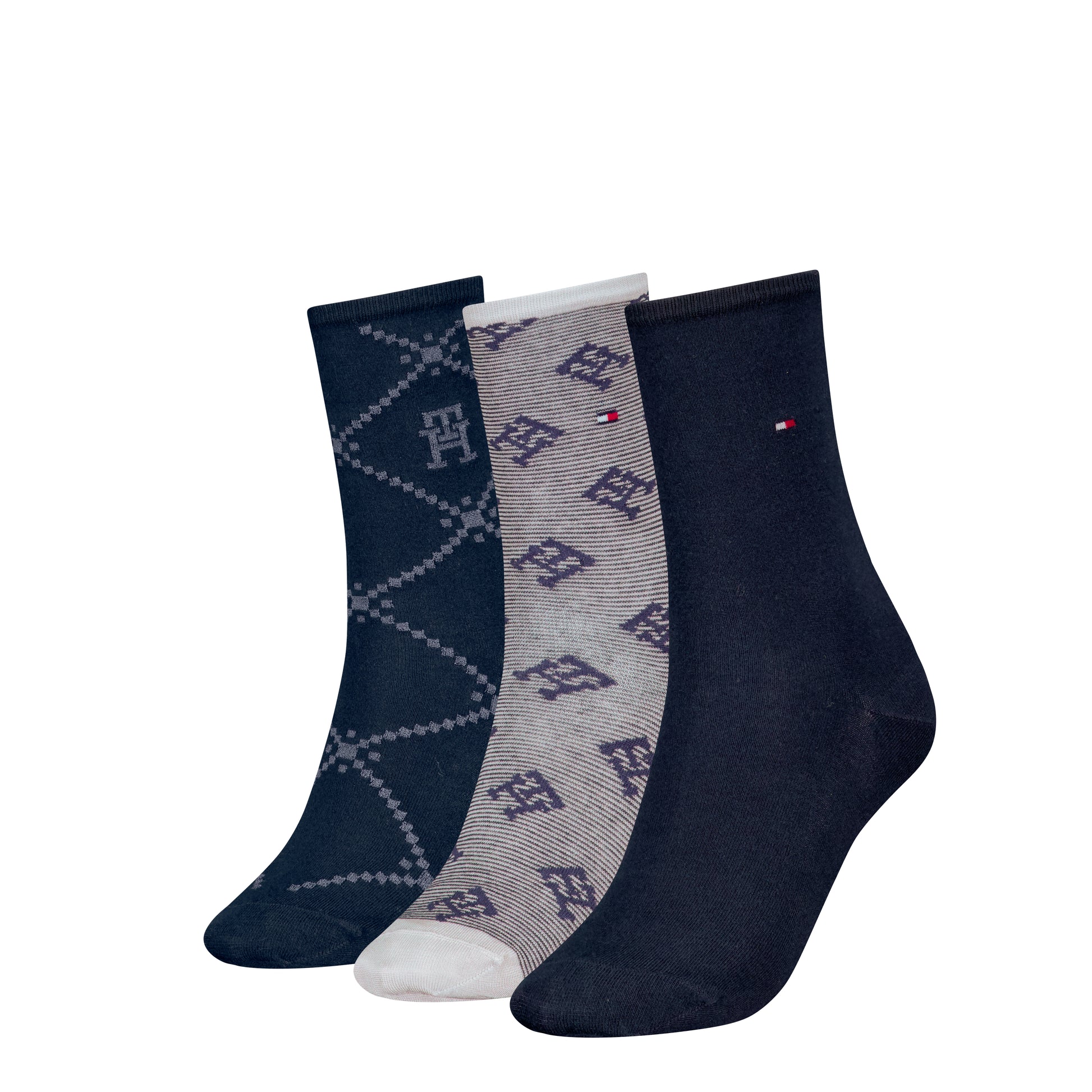 Tommy Hilfiger 3 Pack Giftboxed Monogram Womens Crew Socks Navy