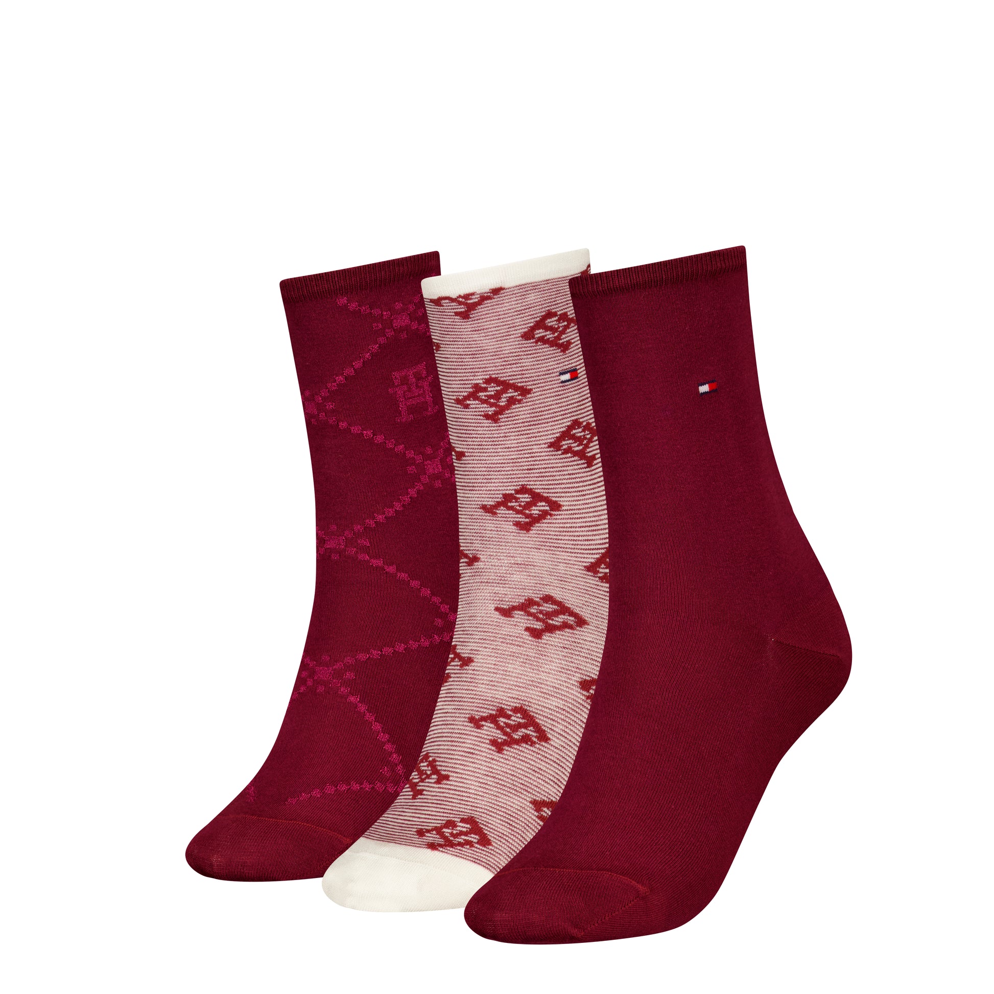 Tommy Hilfiger 3 Pack Giftboxed Monogram Womens Crew Socks Red