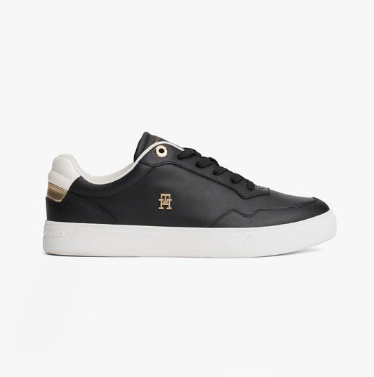 Tommy Hilfiger Womens Leather TH Monogram Plaque Court Trainers Black