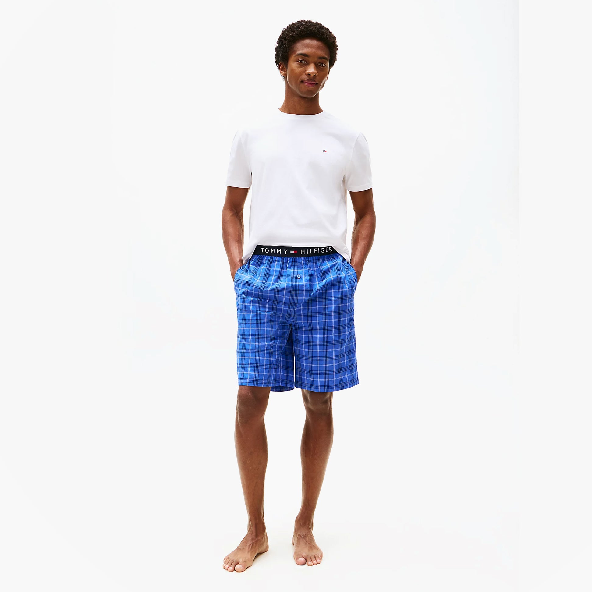 Tommy Hilfiger PURE COTTON Mens T-Shirt & Shorts Pyjama Set White / Grid Plaid