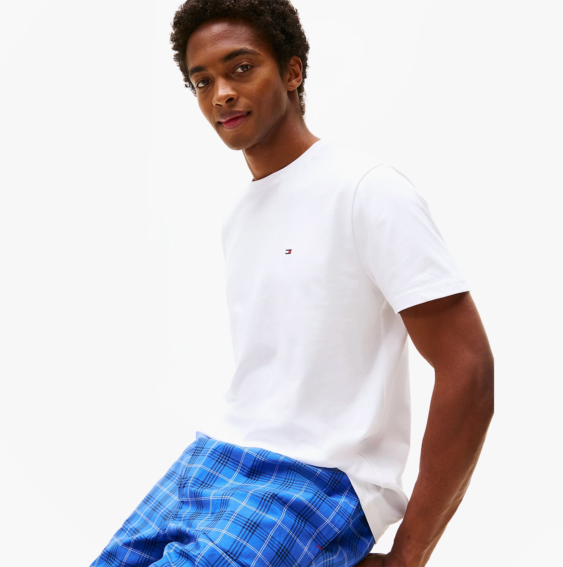 Tommy Hilfiger PURE COTTON Mens T-Shirt & Shorts Pyjama Set White / Grid Plaid