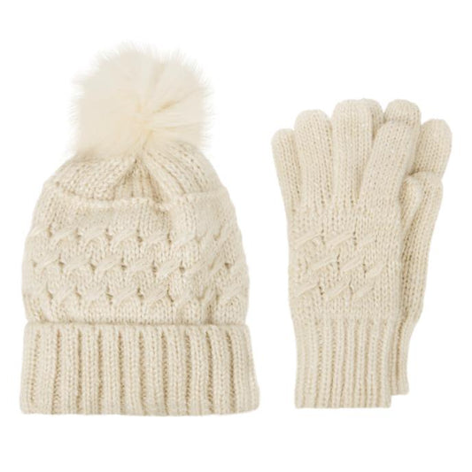 Totes Toasties CABLE Hat & Glove Set Womens Oat