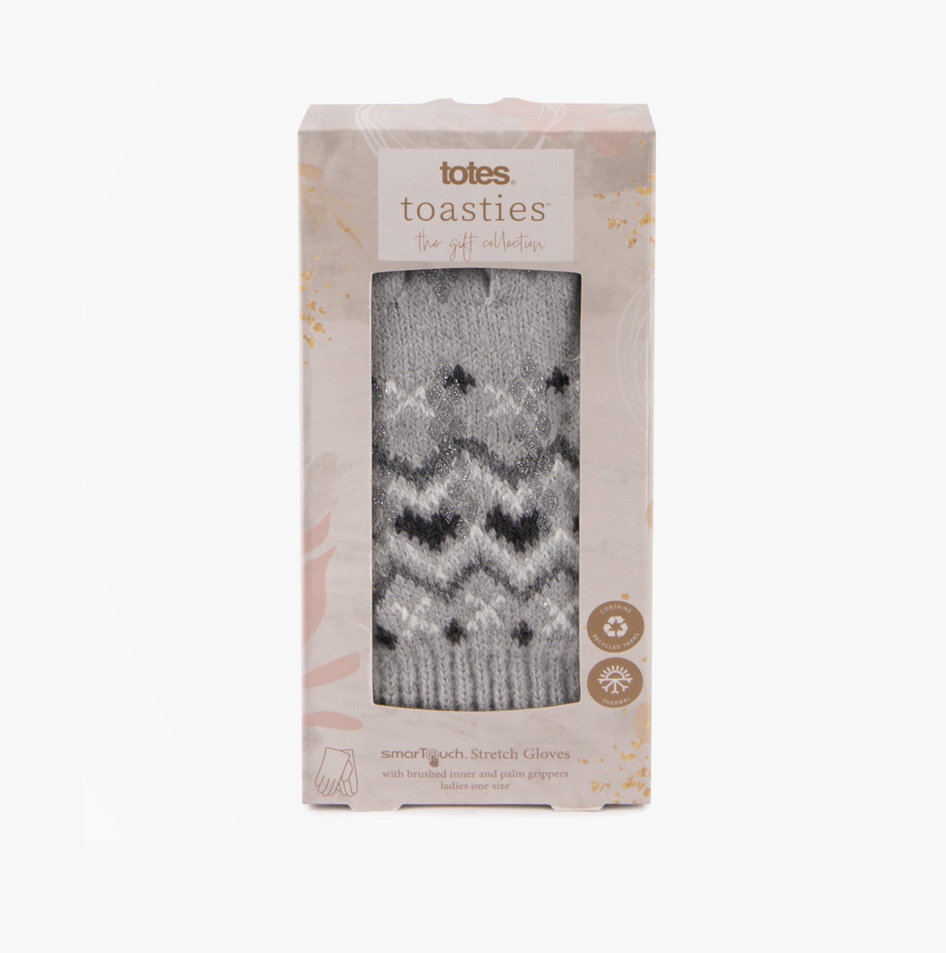Totes Toasties STRETCH KNITTED SMARTOUCH GLOVES Womens Grey Fair Isle