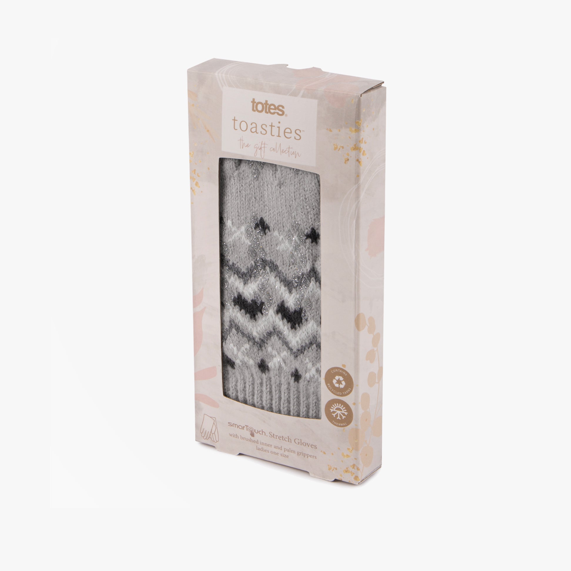 Totes Toasties STRETCH KNITTED SMARTOUCH GLOVES Womens Grey Fair Isle