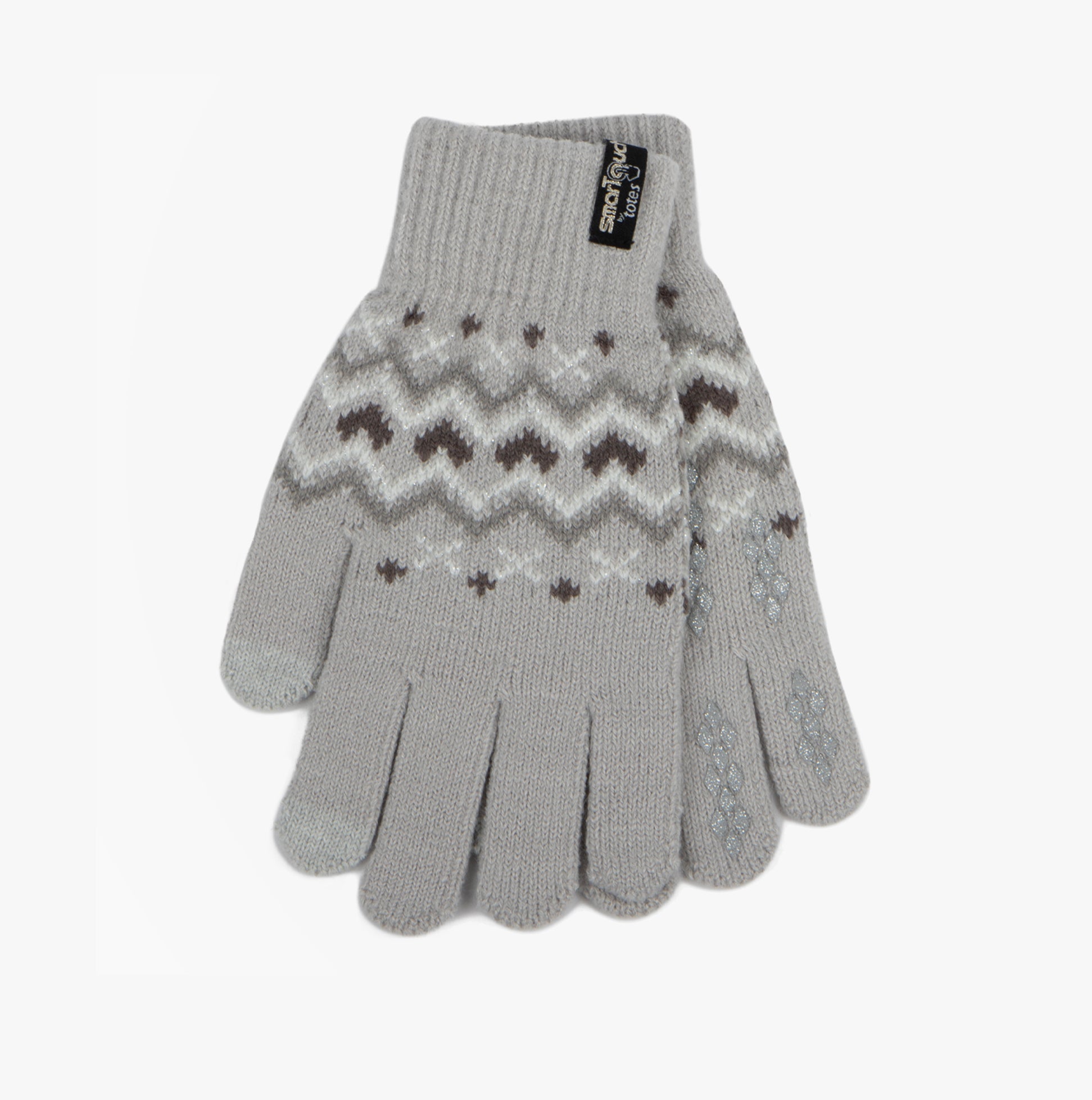 Totes Toasties STRETCH KNITTED SMARTOUCH GLOVES Womens Grey Fair Isle
