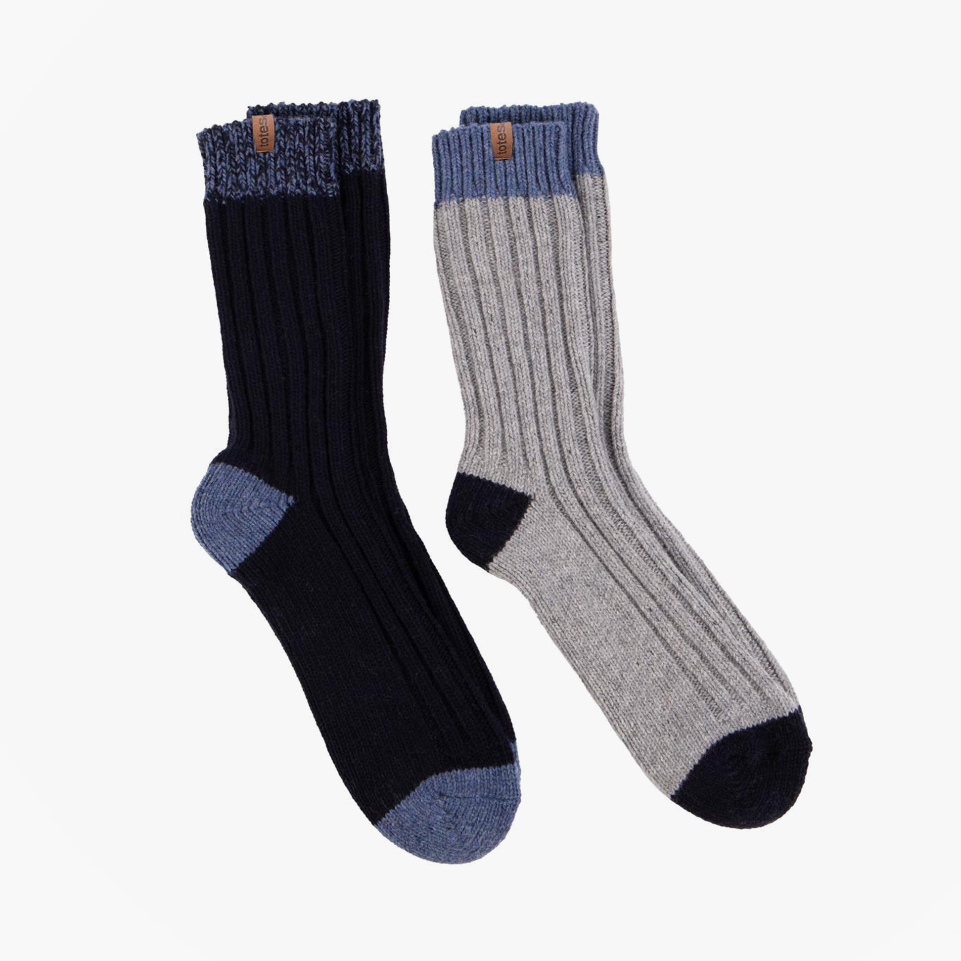 Totes Toasties CHUNKY TWIST WOOL BLEND BOOT SOCKS (TWIN PACK) Mens Navy / Grey