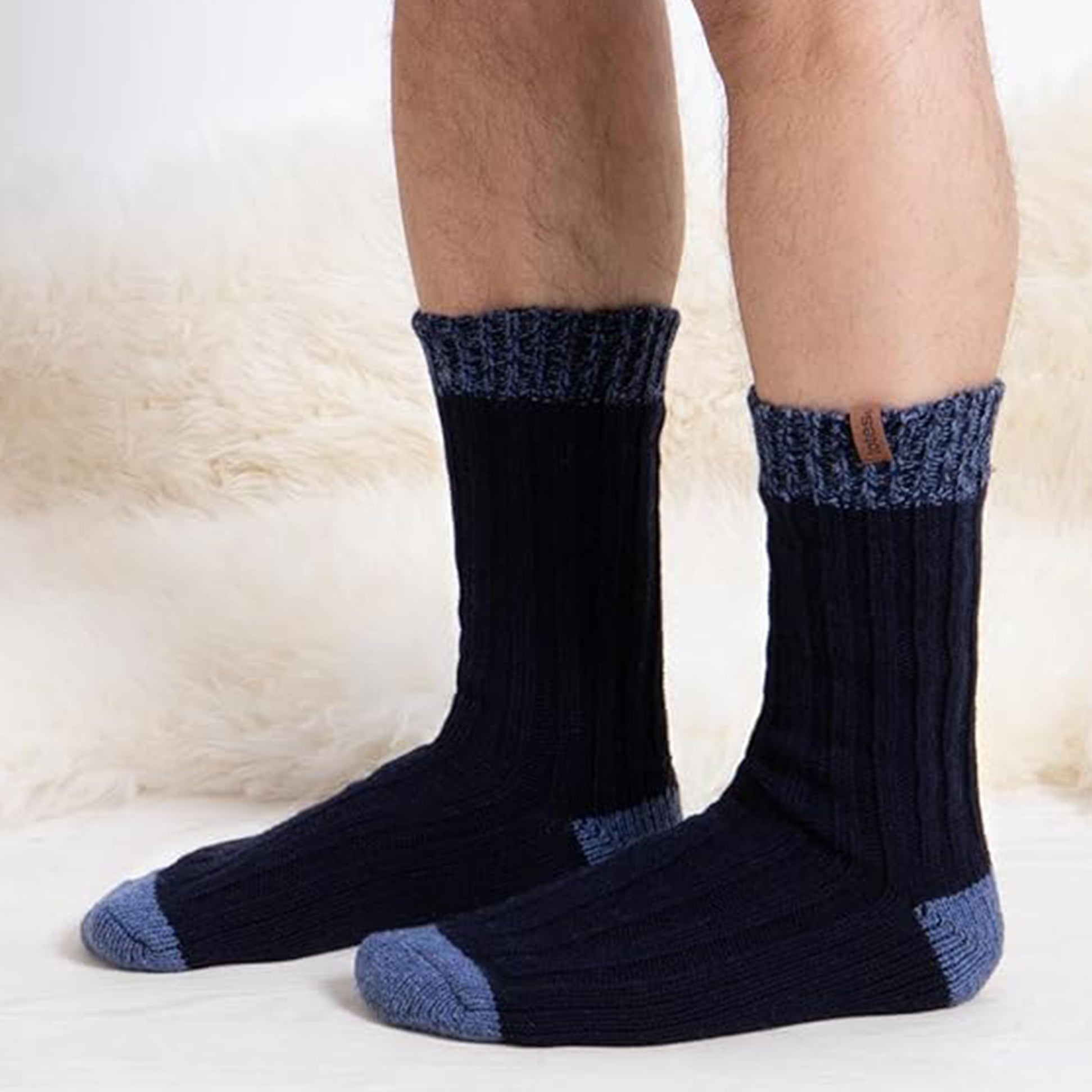 Totes Toasties CHUNKY TWIST WOOL BLEND BOOT SOCKS (TWIN PACK) Mens Navy / Grey