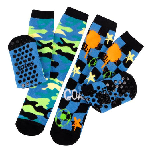 Totes Toasties ORIGINAL SLIPPER-SOX (TWIN PACK) Kids Football / Camo