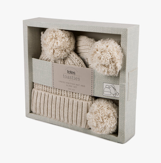 Totes Toasties KNITTED Hat And Scarf Set with Pom Pom Detail Womens Oat