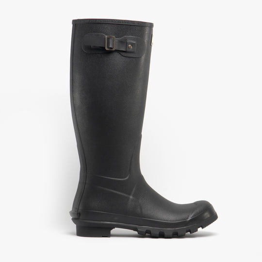 Barbour BEDE Mens Tall Wellington Boots Black side view showcasing the knee-high rubber design and sleek pull-on style.