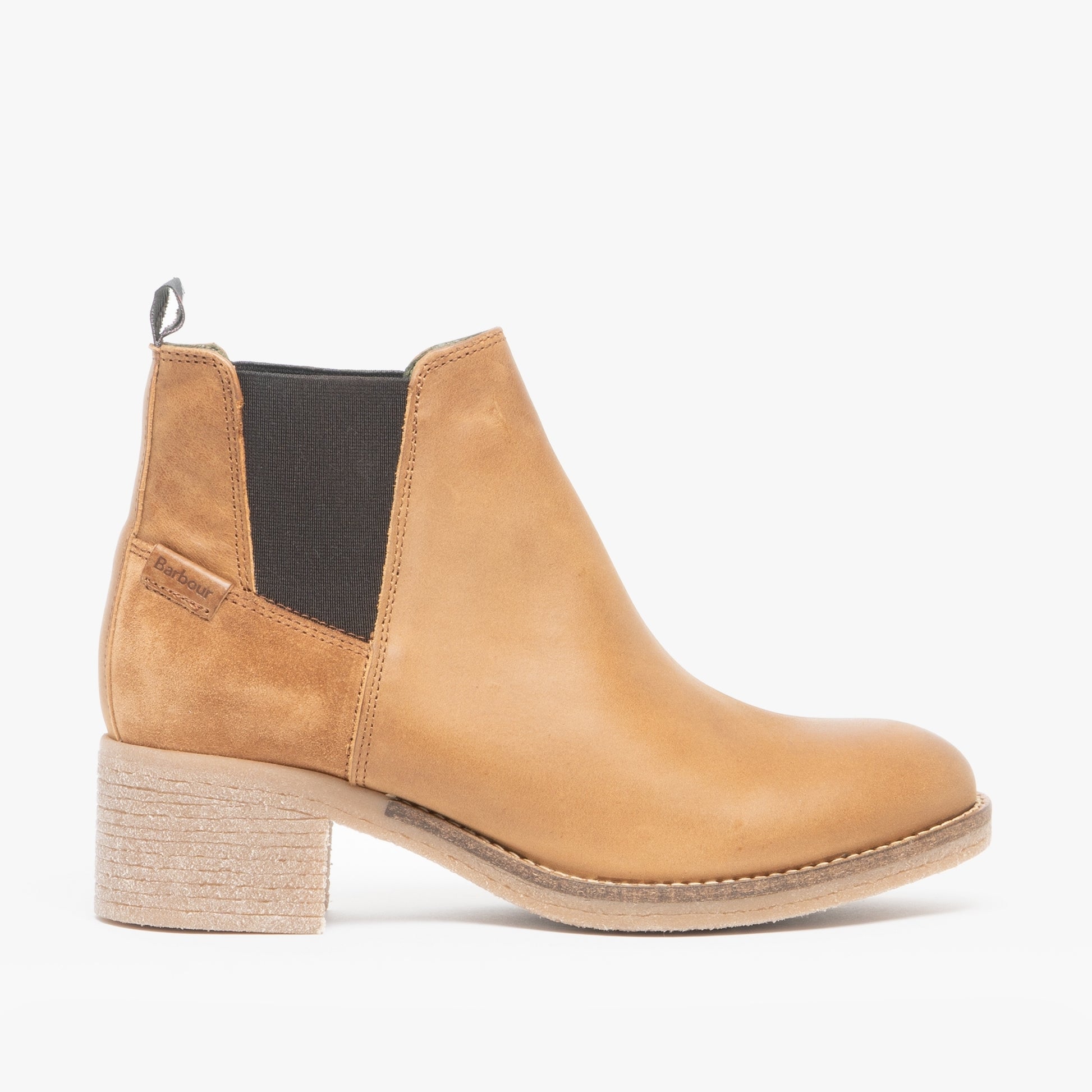 Barbour KEREN Womens Leather Chelsea Boots Tan side view showing nubuck upper and block heel.