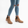 Barbour KEREN Womens Leather Chelsea Boots Tan side view with worn jeans showcasing comfort and style.