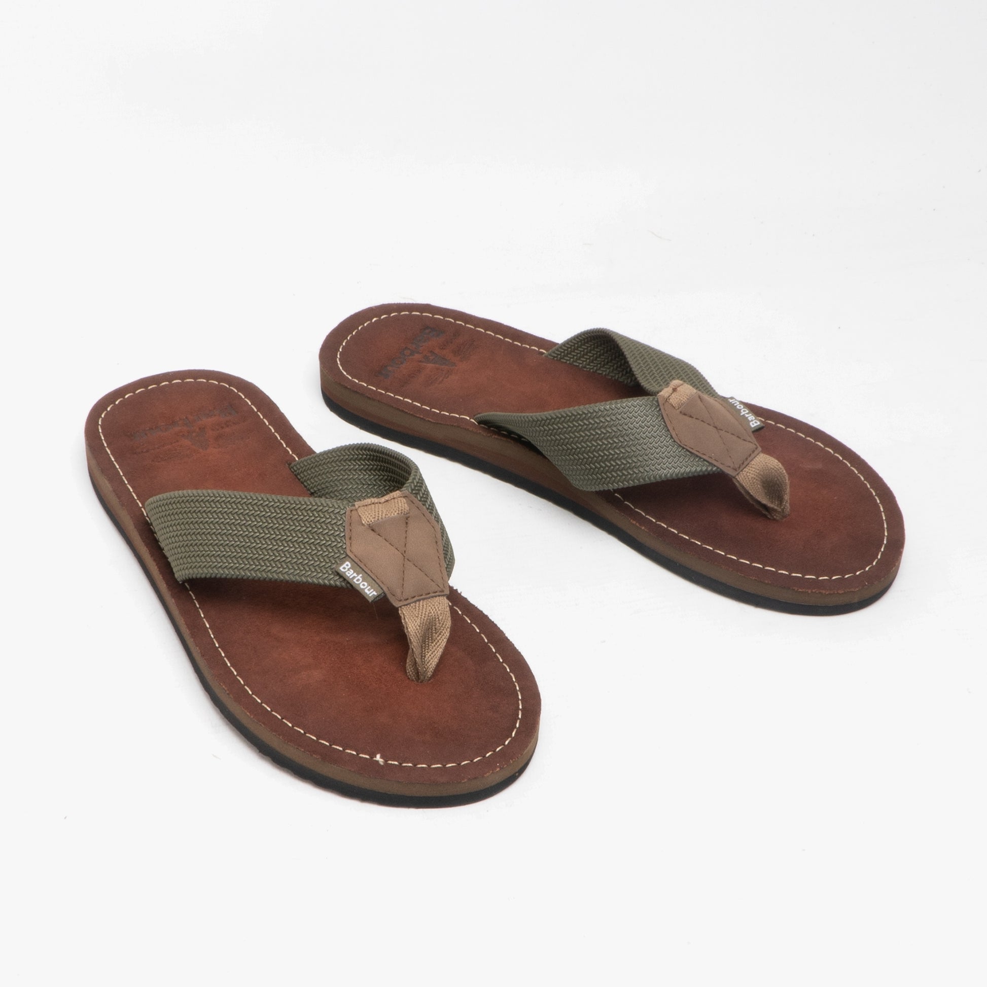 Barbour TOEMAN BEACH SANDAL Mens Flip Flops Olive side view showcasing fabric upper and leather lining.